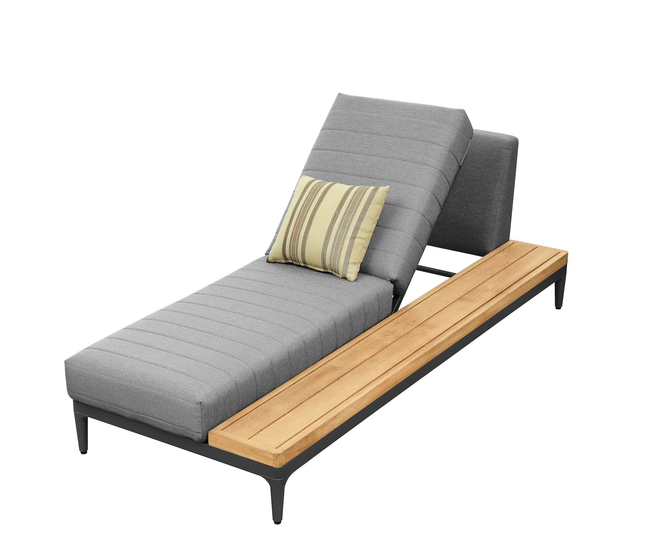 Double bain de soleil design 2 places avec structure aluminium inoxydable noire, plateau latéral en teck FSC naturel.