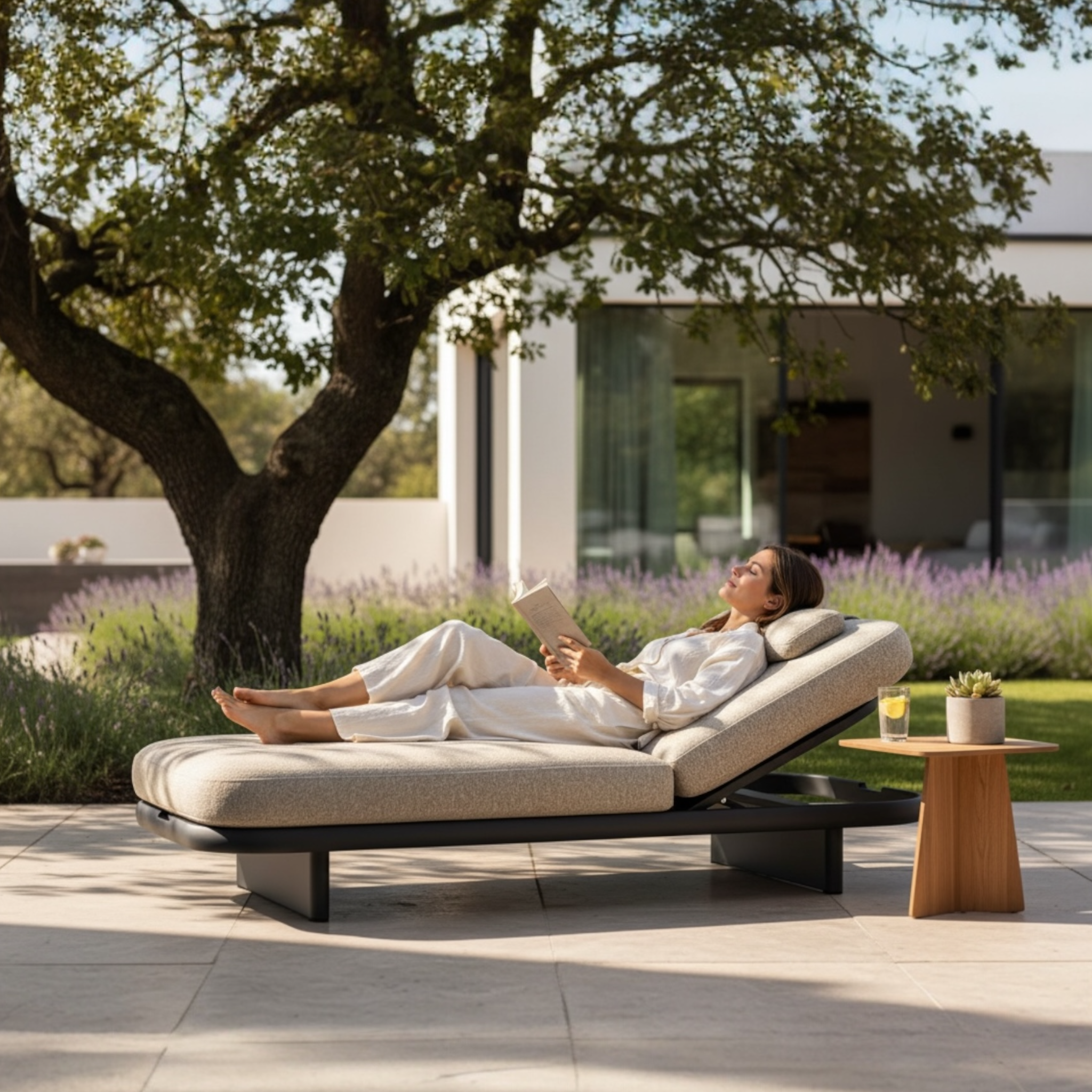 Bain de soleil ROSA beige installé sur terrasse, ambiance jardin haut de gamme