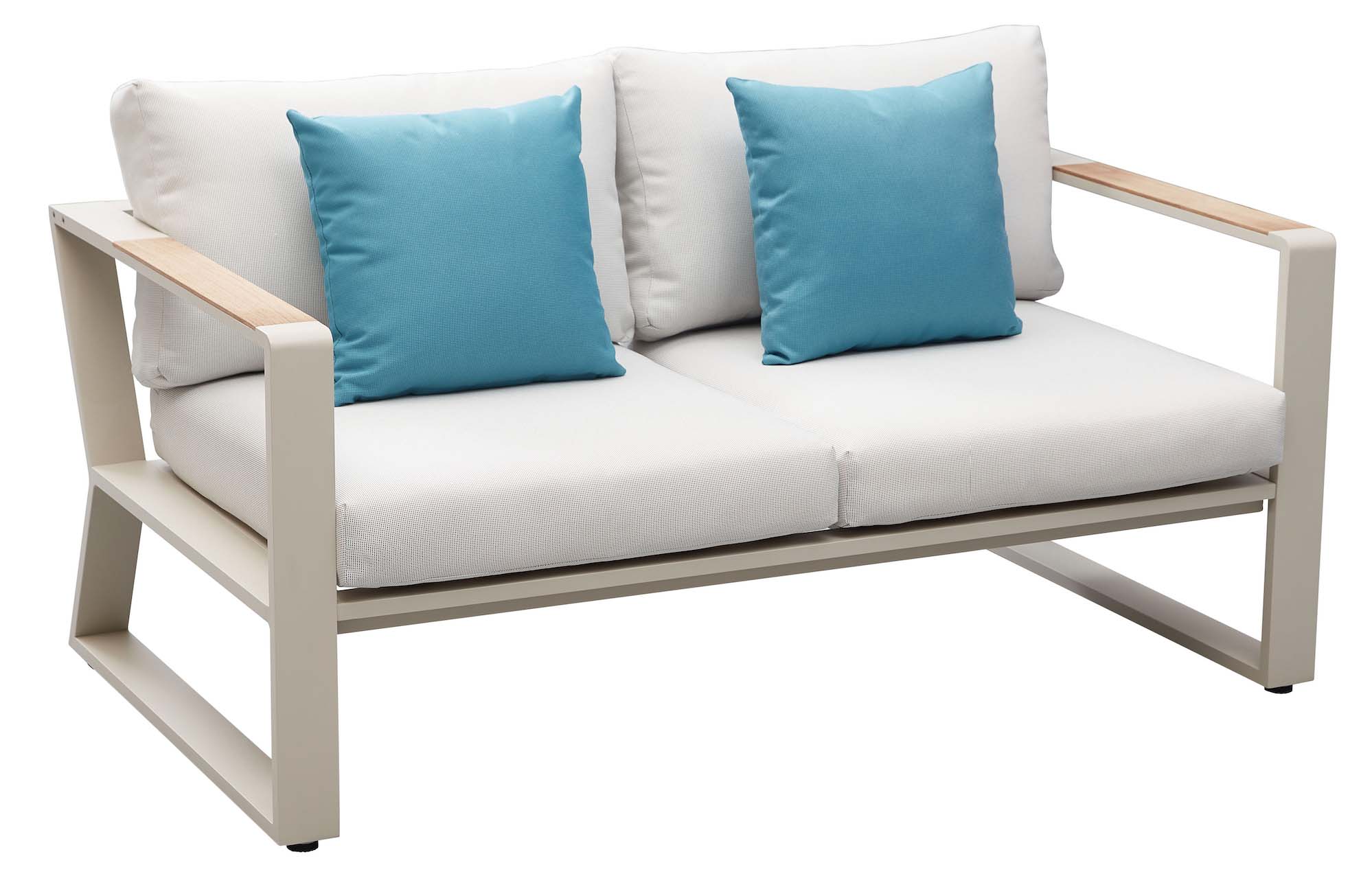 Salon de jardin deux places en aluminium haut de gamme peint avec peinture époxy blanche, accoudoirs en teck FSC naturel.