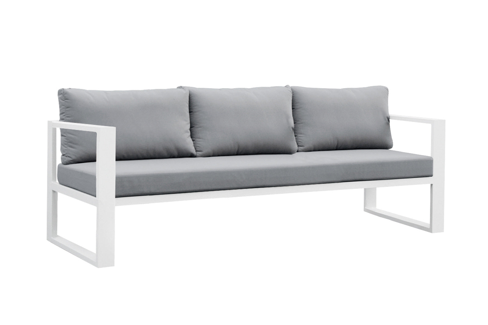 Salon de jardin modulable en aluminium blanc haut de gamme avec coussins gris, design épuré et élégant pour jardin extérieur.