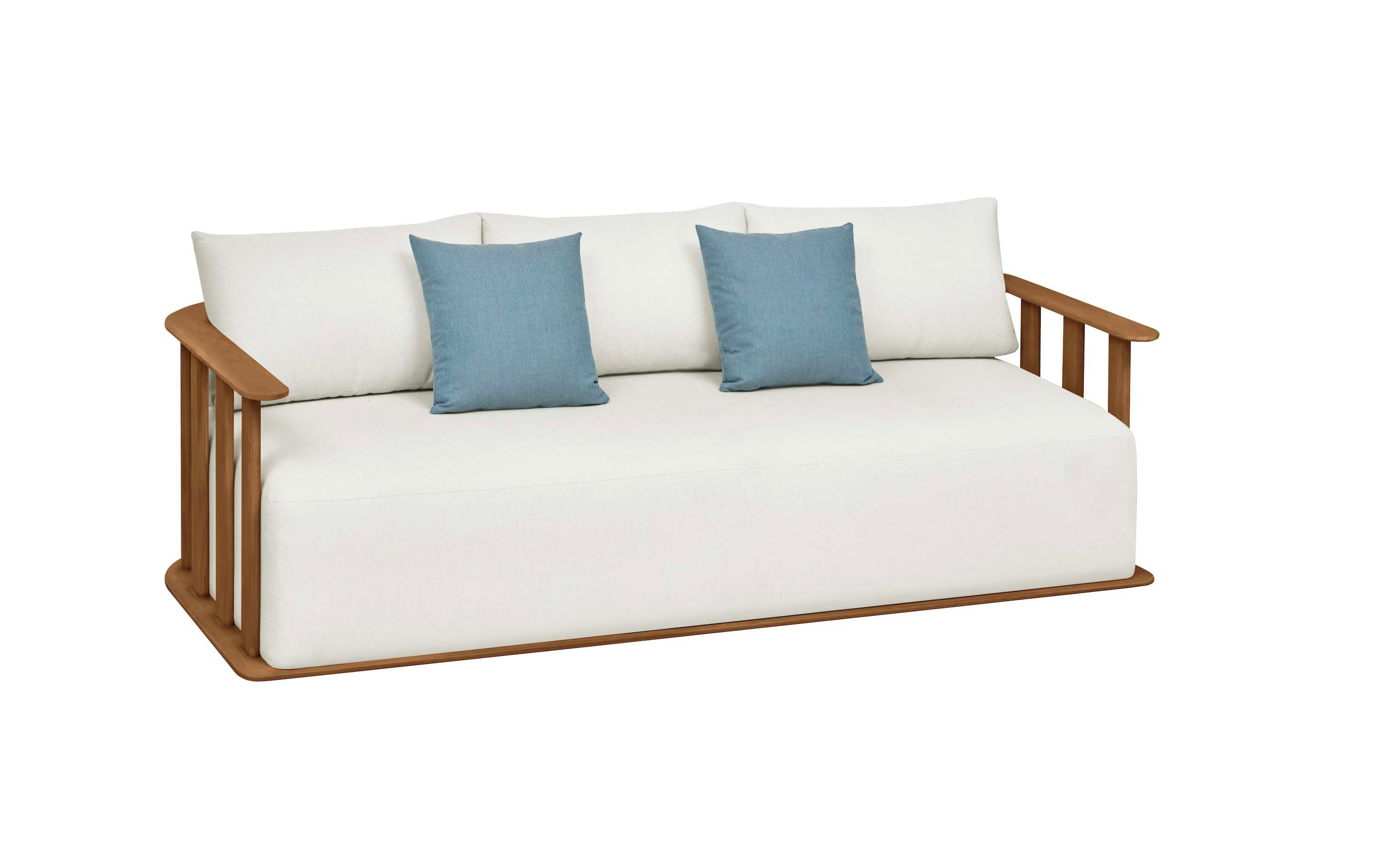 Canapé en teck FSC massif au design italien, coussins déco en tissu acrylique déperlant, housse déhoussable, style.