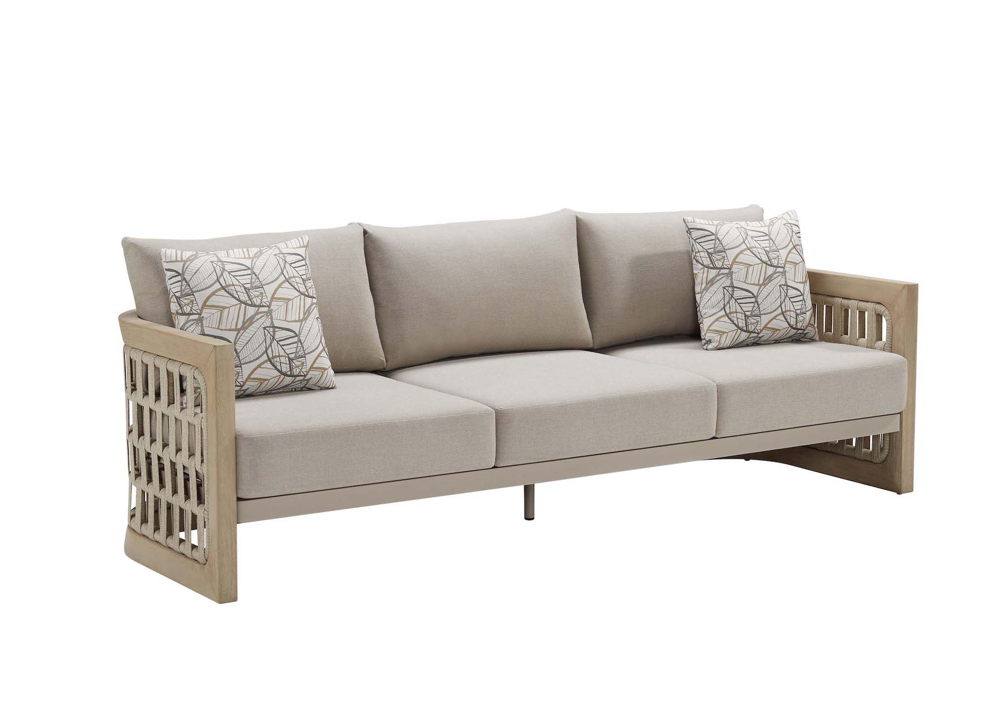 Salon de jardin 7 places en teck FSC avec structure tressée en corde, coussins déhoussables en fibre acrylique déperlante.