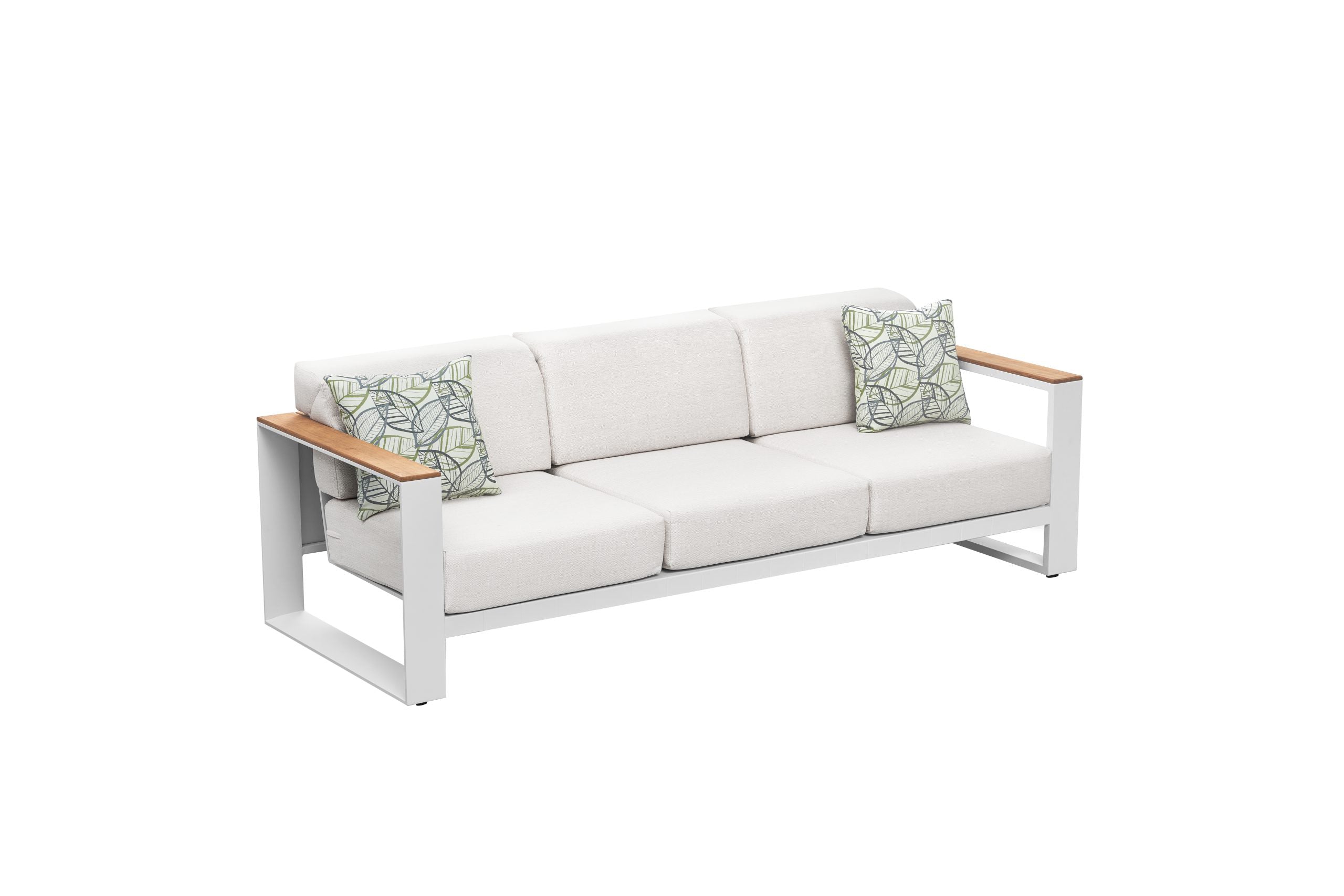 Canapé de jardin 5 places en aluminium blanc et Teck SFC, coussins en tissu acrylique beige, déhoussables et déperlants,.
