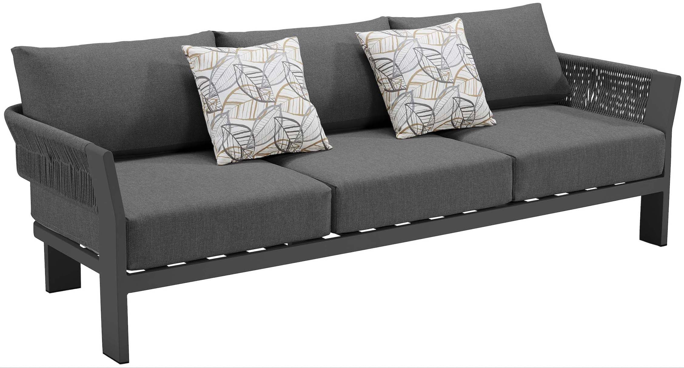 Canapé moderne 3 places en aluminium noir avec accoudoirs en corde tressée, assises et dossiers en teck FSC, coussins.