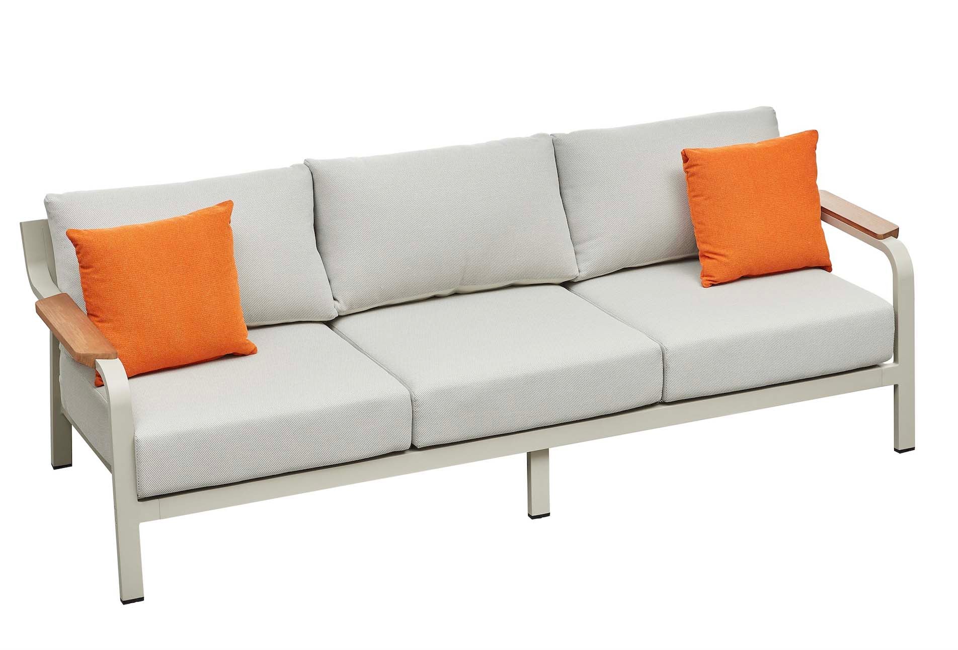 Canapé 3 places en aluminium haut de gamme avec assise et dossier en textilène beige, coussins gris clair élégants.