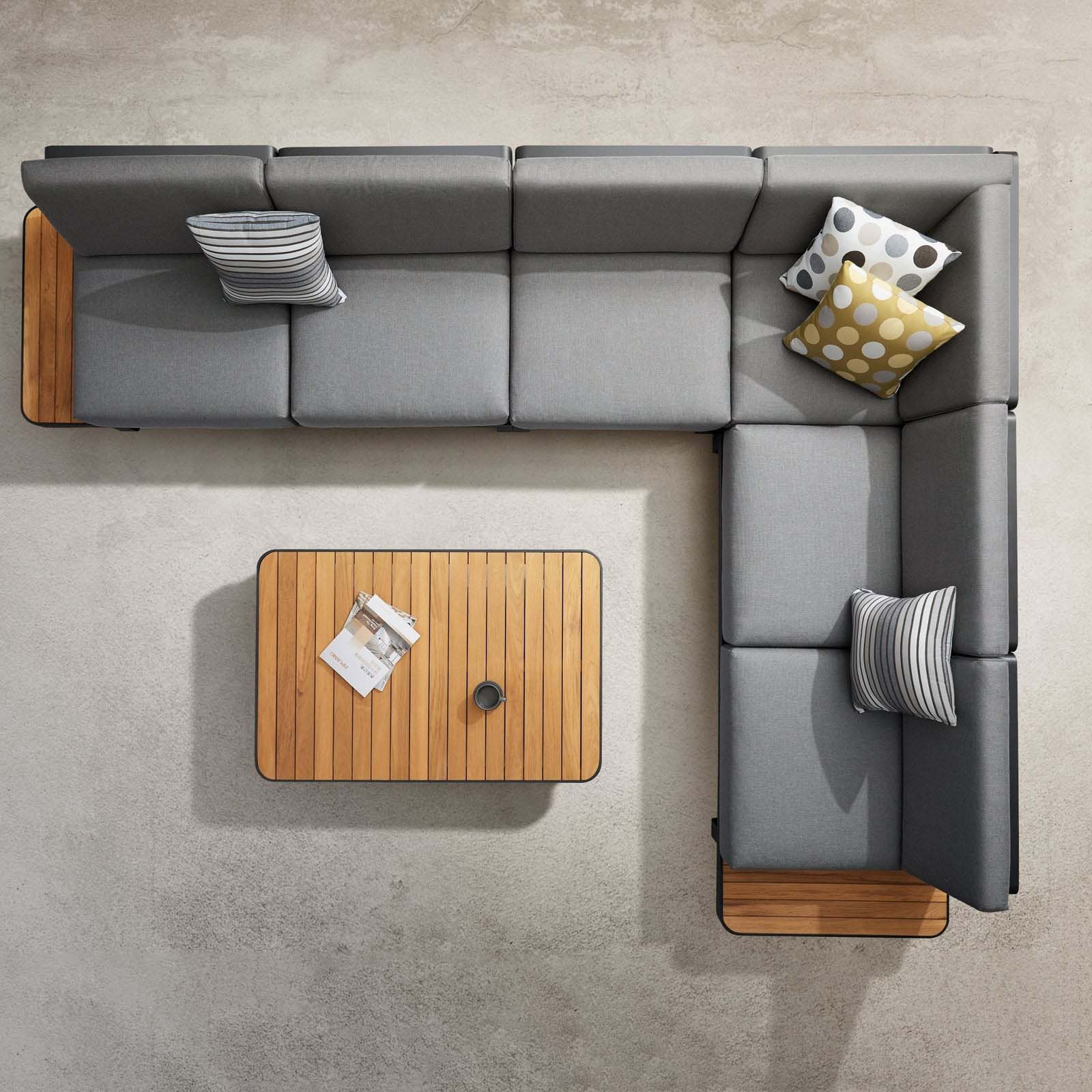 Canapé d'angle en aluminium haut de gamme et teck FSC avec tissu 100% oléfine gris, housse déperlante et déhoussable, design.