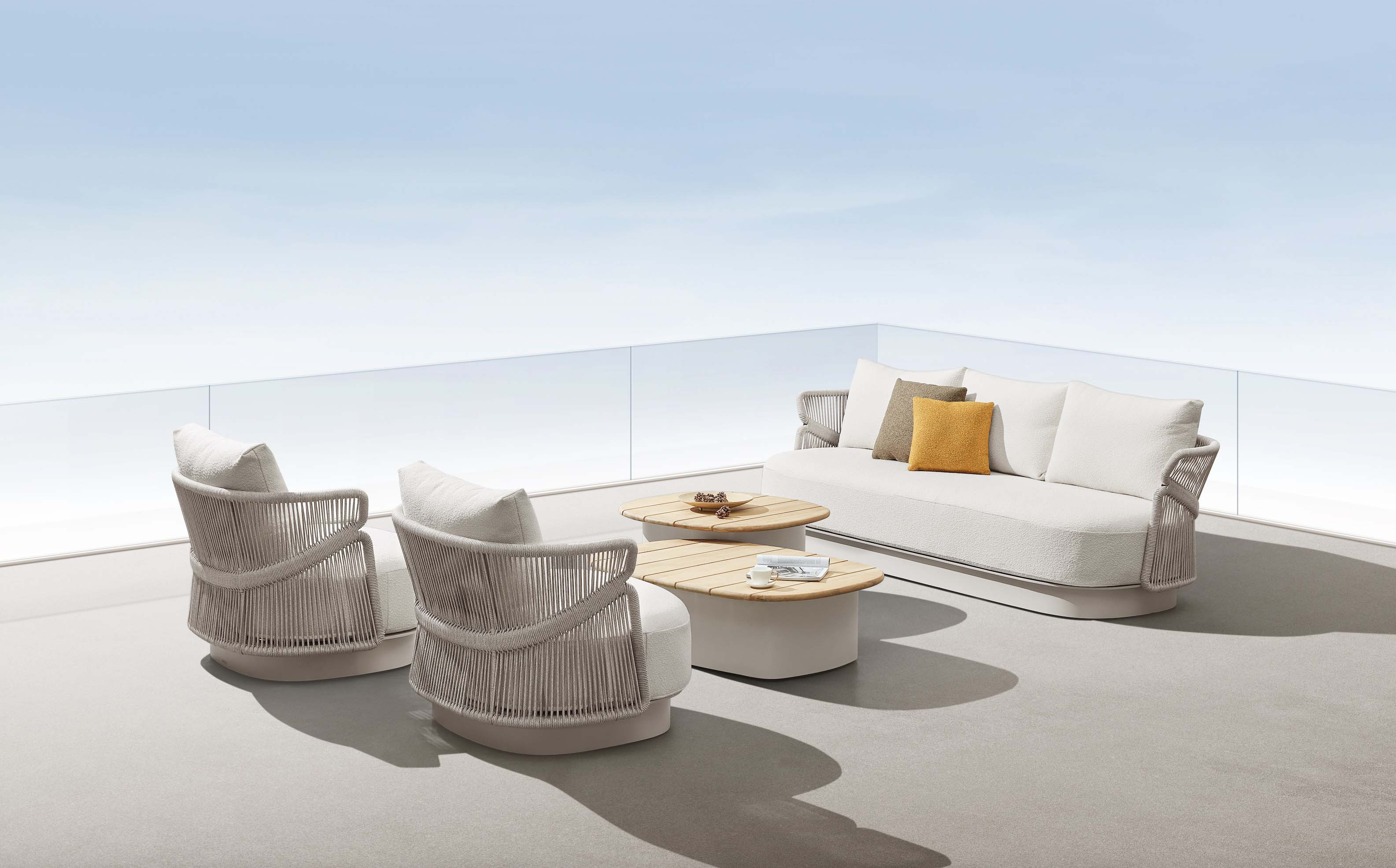 Salon de jardin 5 places en aluminium beige avec corde tressée luxueuse, coussins oléfine, plateau Teck FSC haut de gamme.