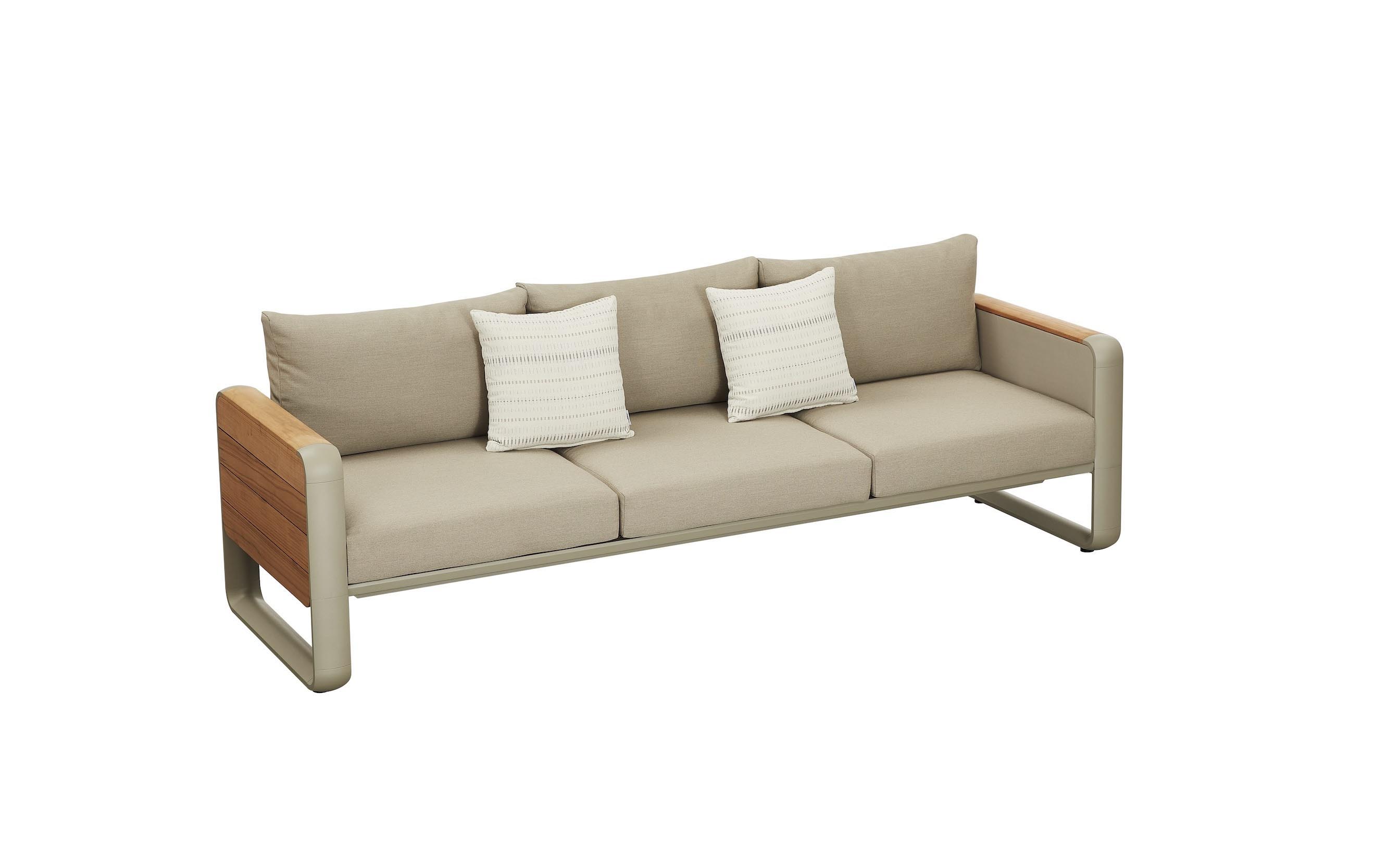 Canapé 5 places en aluminium beige et coussins taupe, accoudoirs en teck FSC aux coins arrondis, design italien.