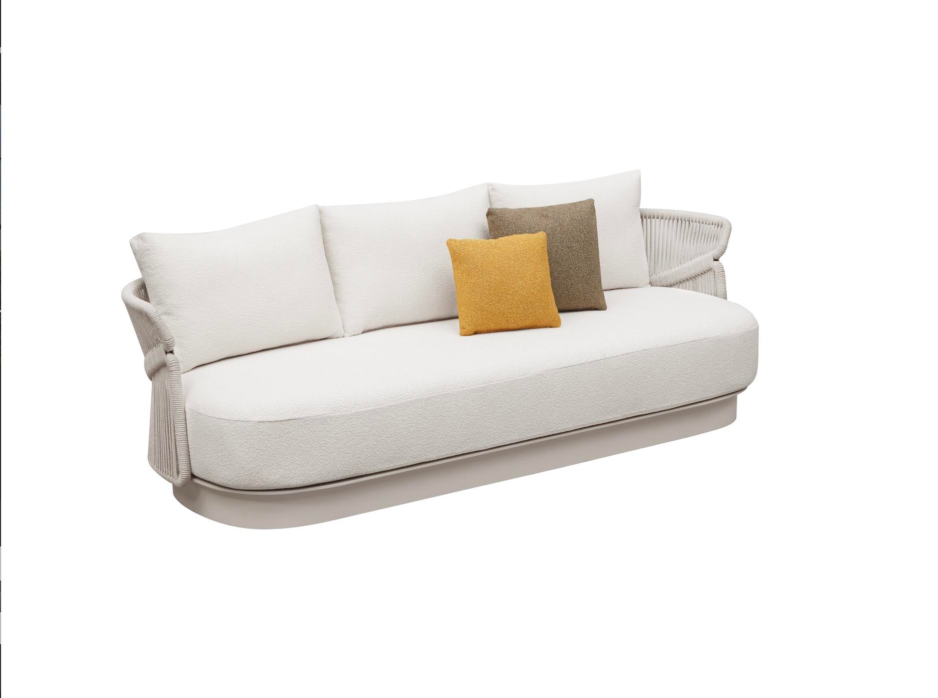 Canapé lounge extérieur beige en corde tressée luxueuse, structure aluminium, coussins oléfine, design italien élégant,.