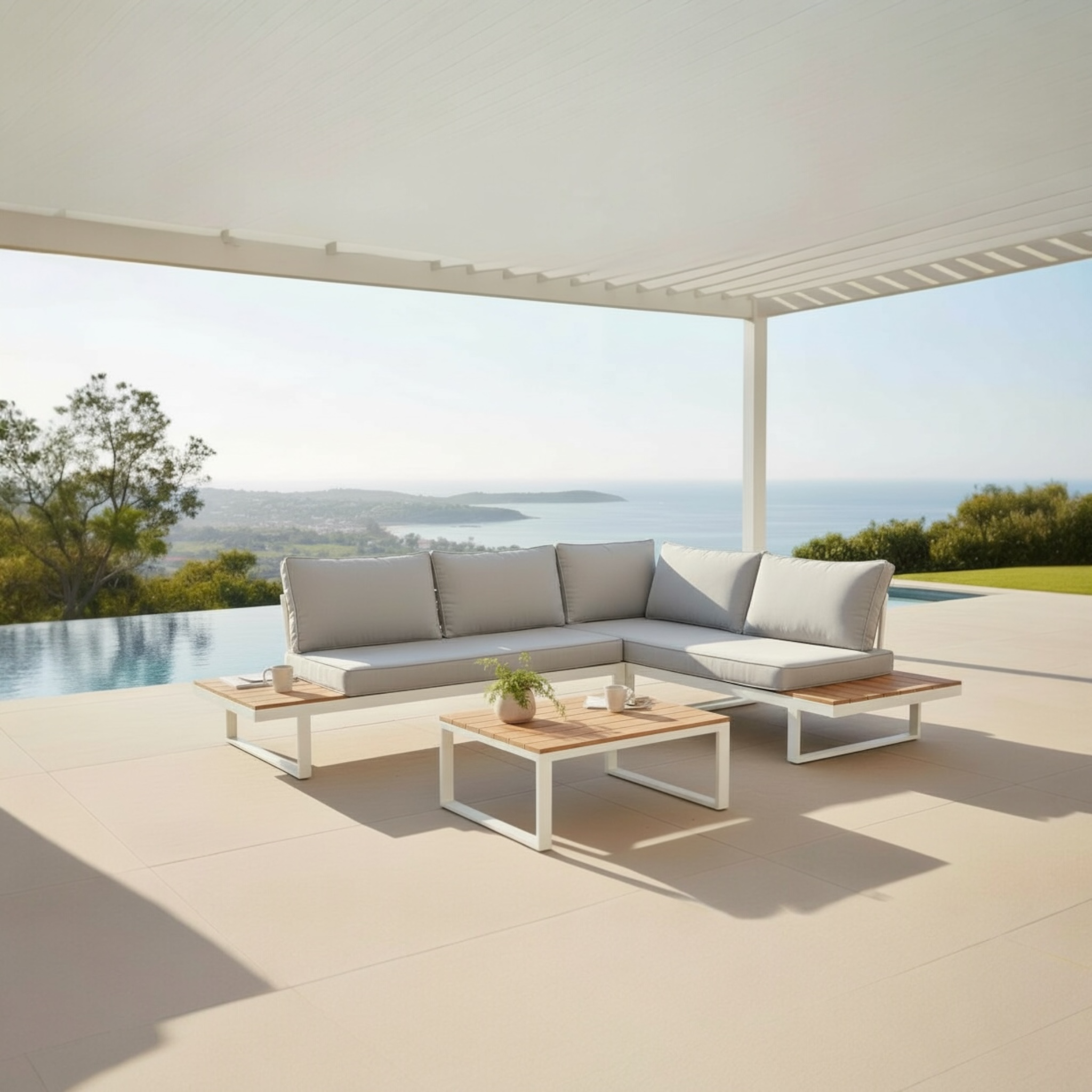 Salon de jardin en aluminium haut de gamme blanc avec structure en peinture époxy, assise en composite imitation bois.