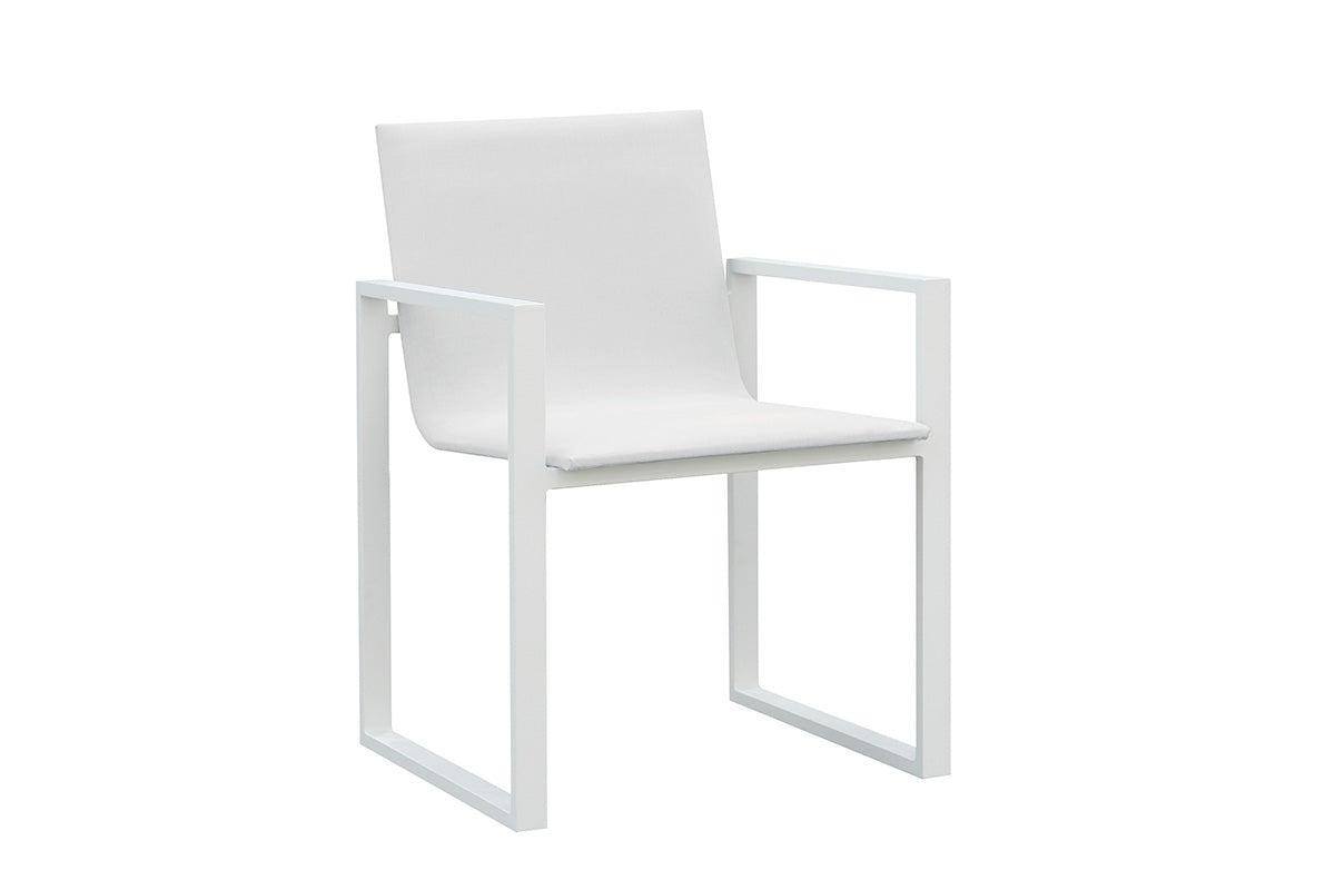 Chaise de jardin design en aluminium haut de gamme blanc avec tissu 100% oléfine, housse déperlante et déhoussable.