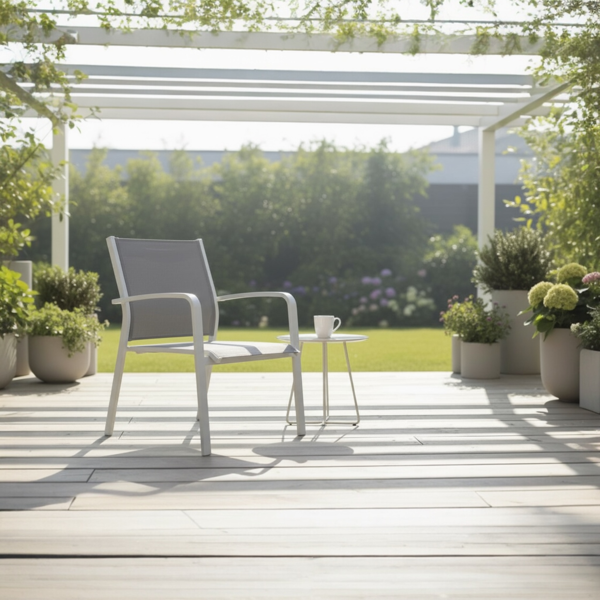 Mise en situation de la chaise de jardin NORY BLANC avec table d'appoint combinée