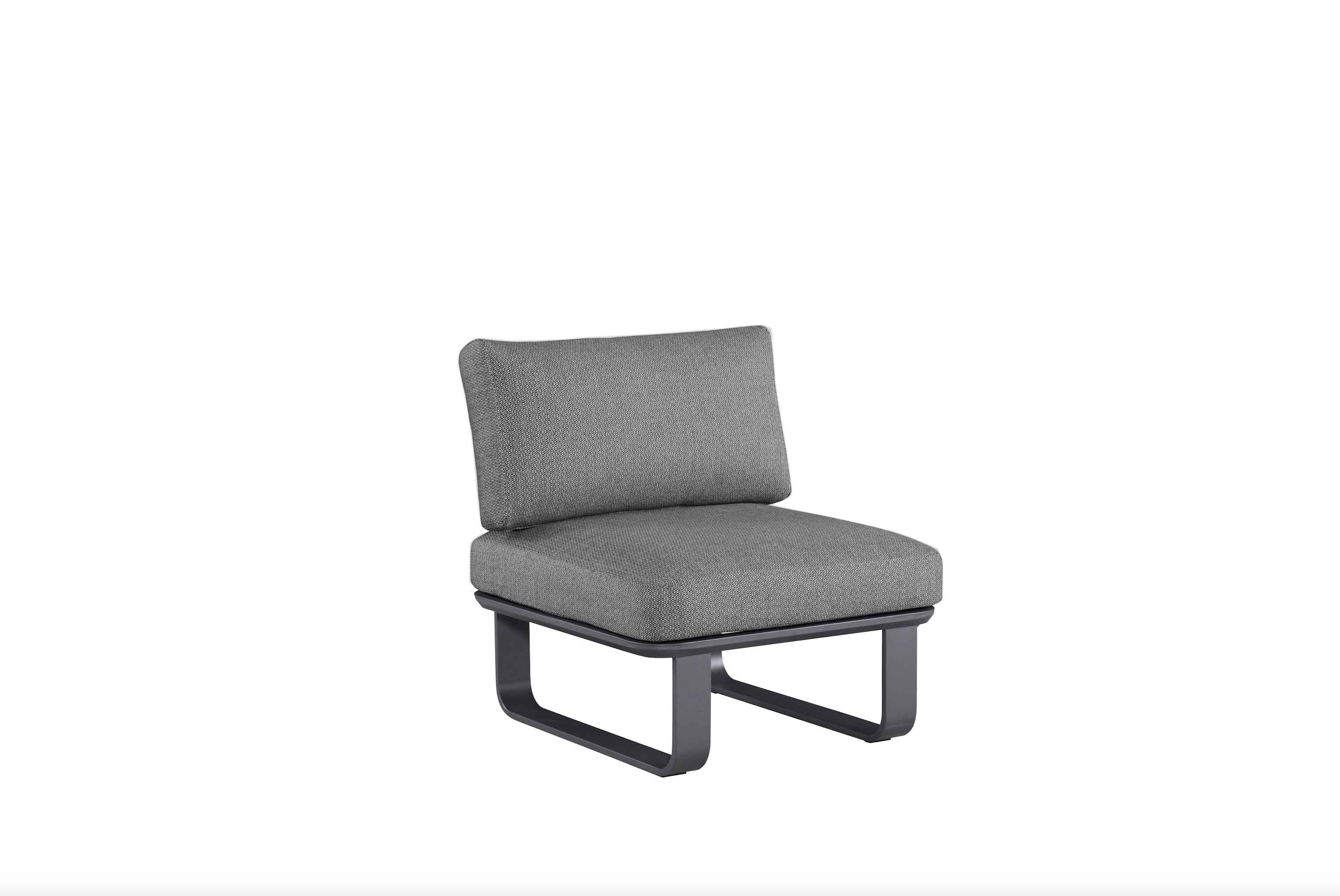 Siège d'angle en aluminium haut de gamme noir avec coussins gris en mousse Quick Dry Foam, housse déperlante et déhoussable.