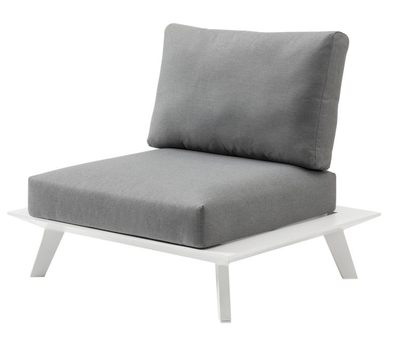 Fauteuil modulable design en aluminium inoxydable blanc avec coussins gris en tissu 100% Oléfine déperlant et déhoussable.