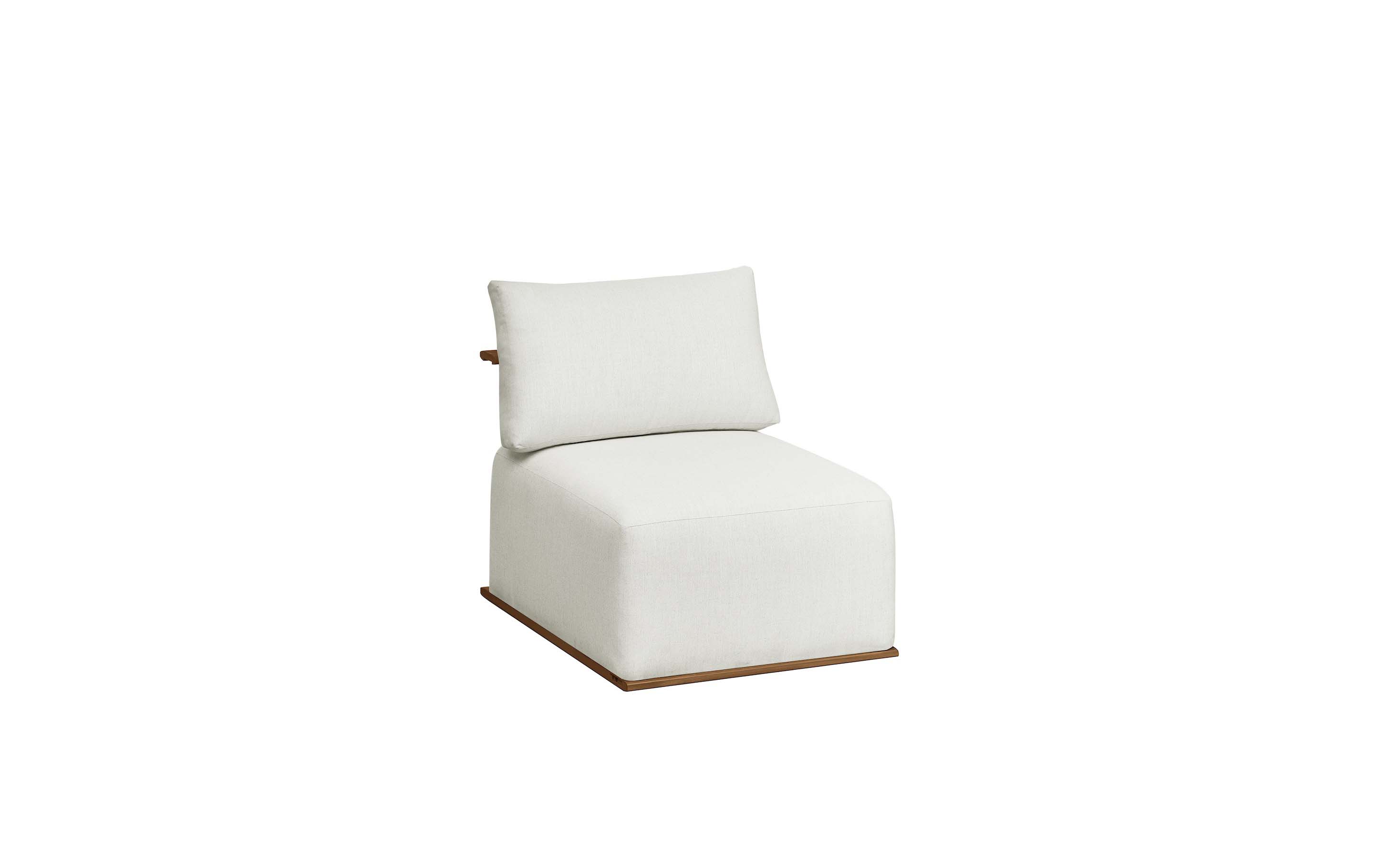 Fauteuil d’angle en teck FSC massif avec coussins en tissu acrylique déperlant blanc, design italien luxe, housse.