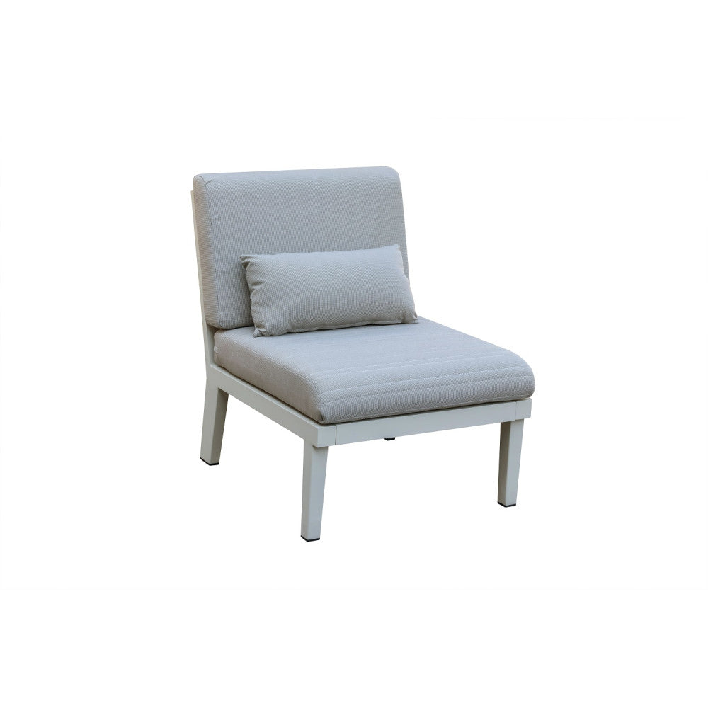 Fauteuil d'angle en aluminium haut de gamme blanc avec assise et dossier en tissu oléfine gris clair, coussin déhoussable.