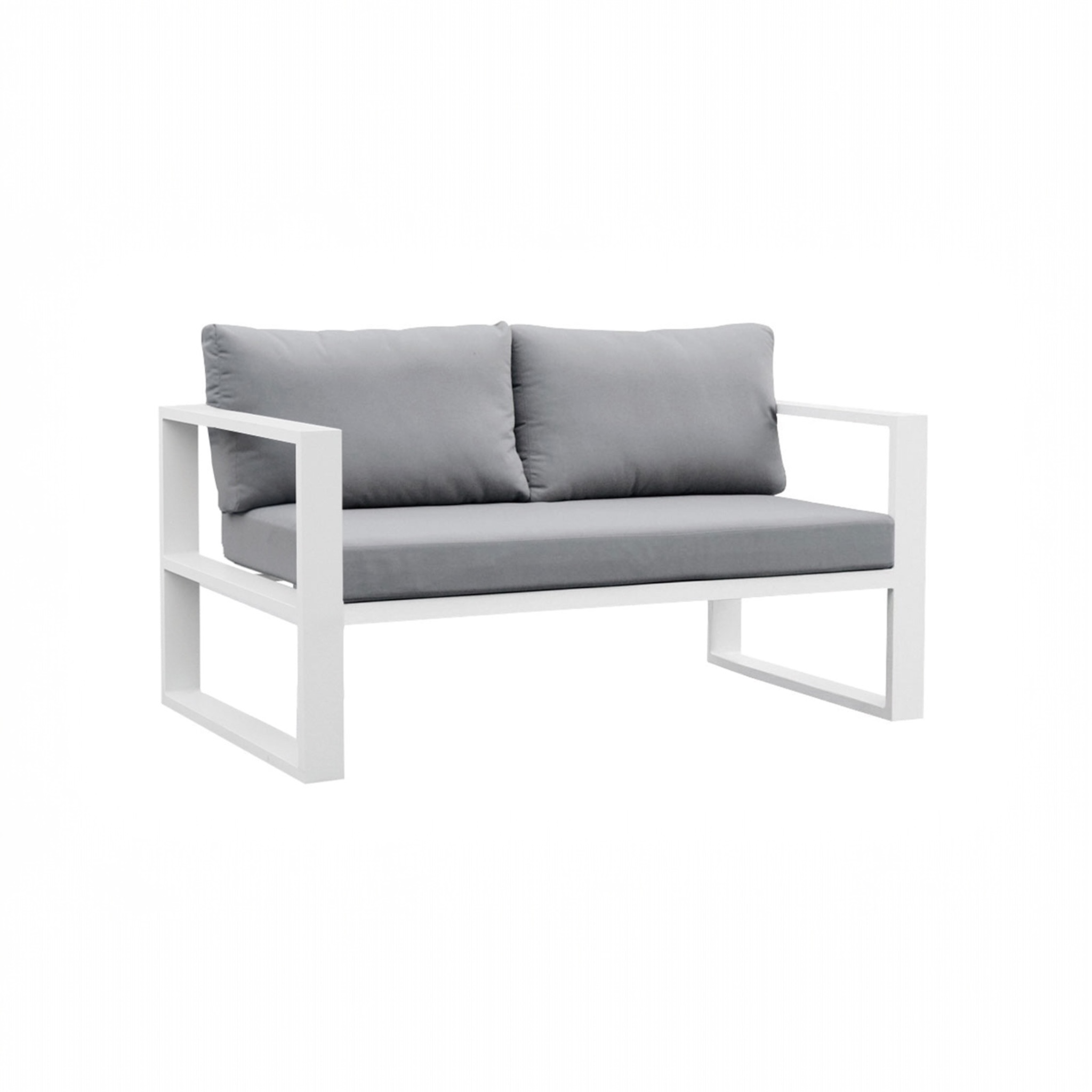 Canapé de jardin 2 places BELLY en aluminium blanc avec coussins gris