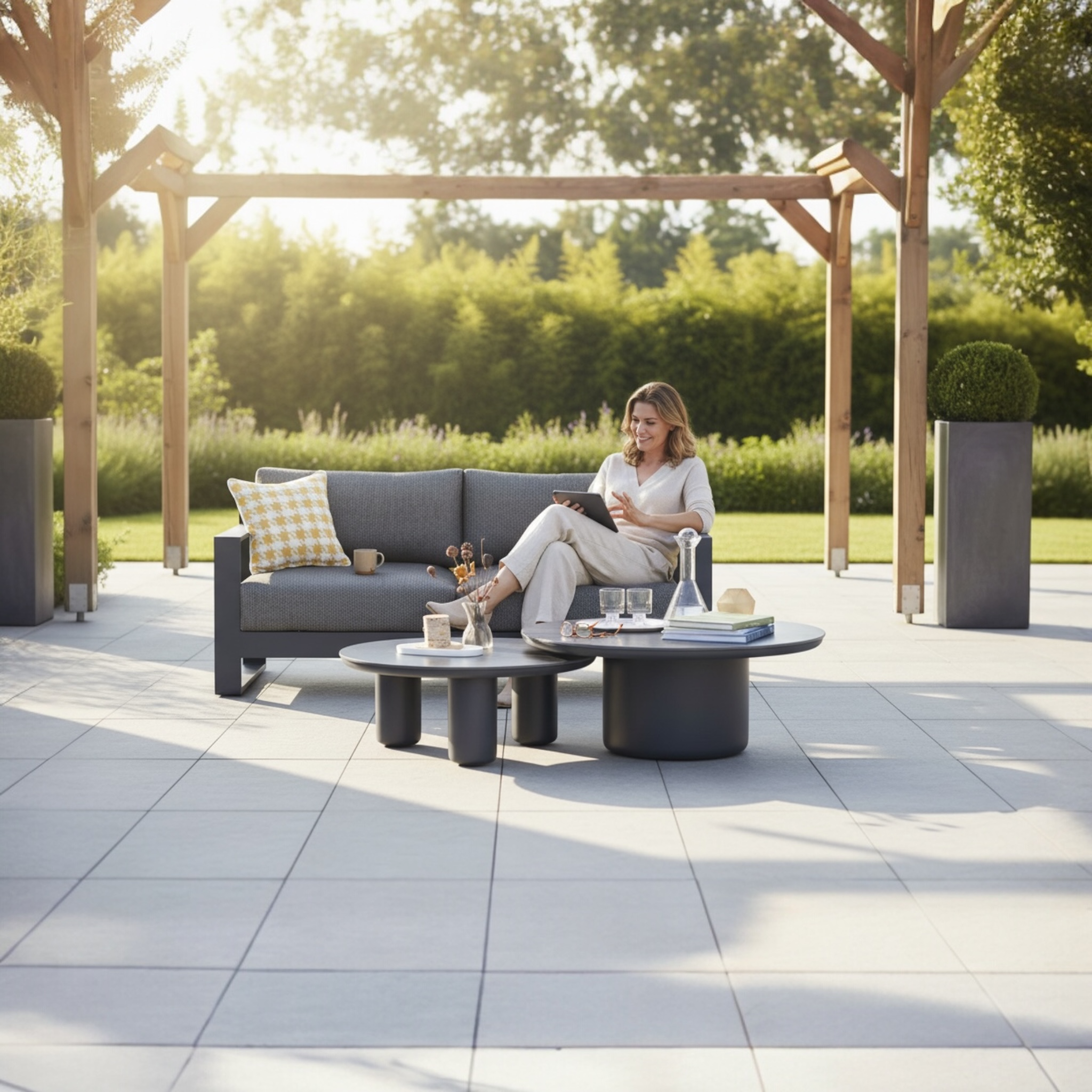 Canapé 2 places noir en aluminium haut de gamme avec tissu oléfine Sunproof, design premium modulable, ambiance luxe.