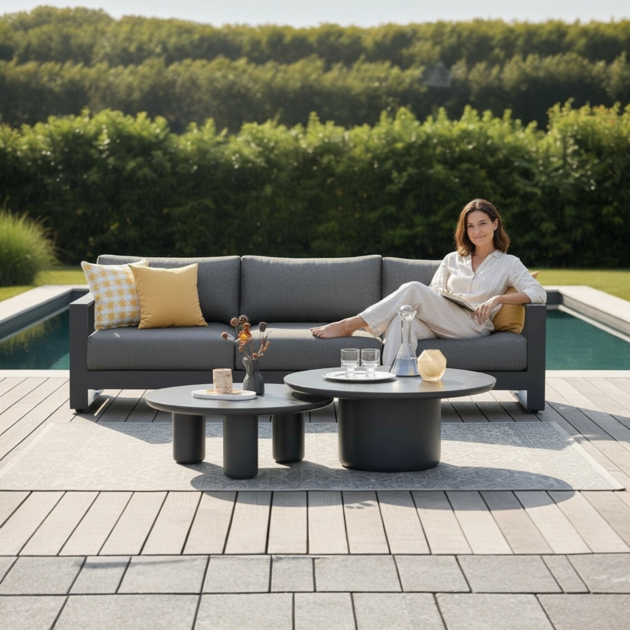 Canapé 3 places noir en aluminium haut de gamme, tissu oléfine Sunproof gris foncé, design modulable luxe, ambiance élégante.