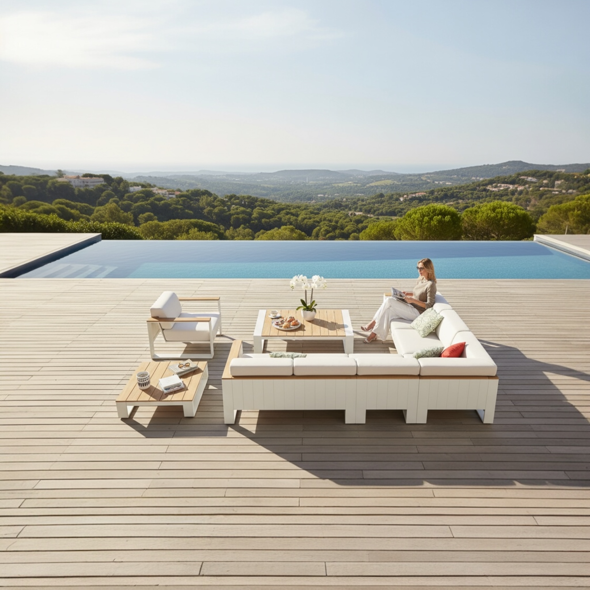 Salon de jardin d'angle blanc en aluminium avec coussins déhoussables en tissu acrylique déperlant, plateau en Teck SFC