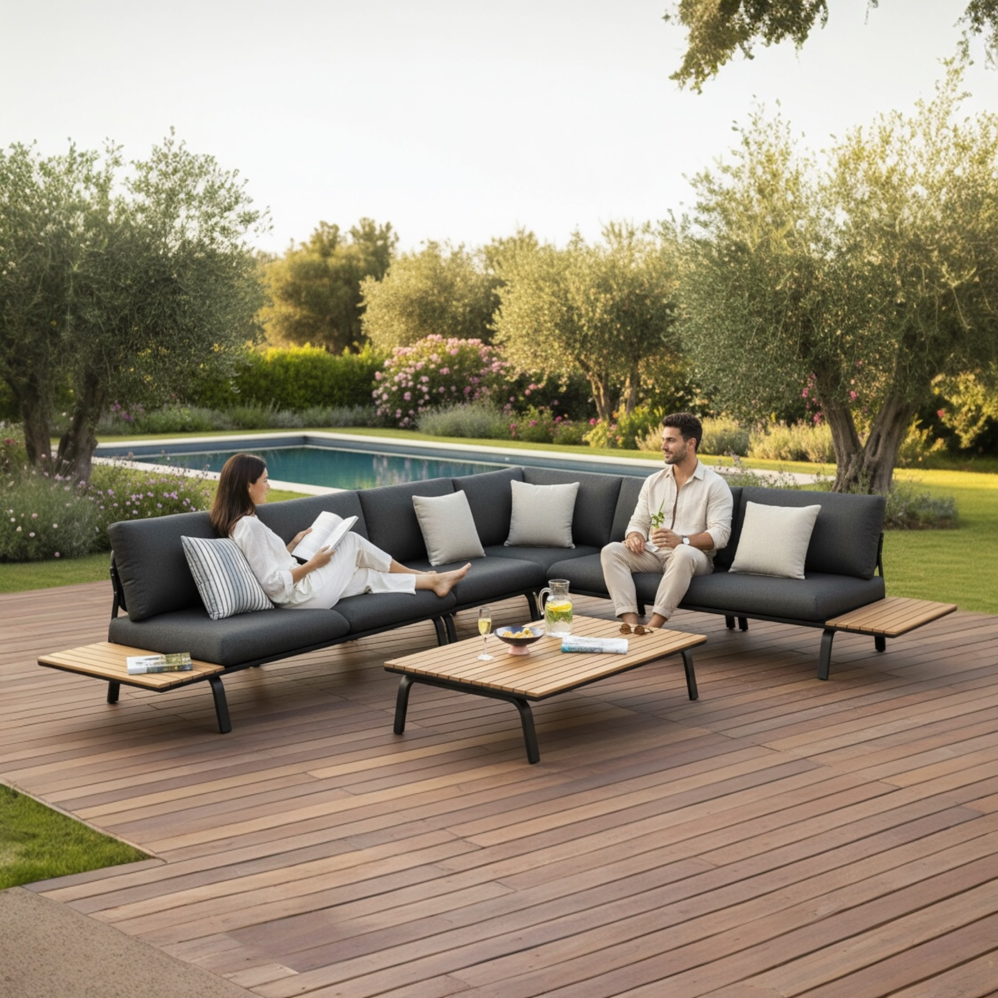 Ensemble de jardin en aluminium gris anthracite et teck