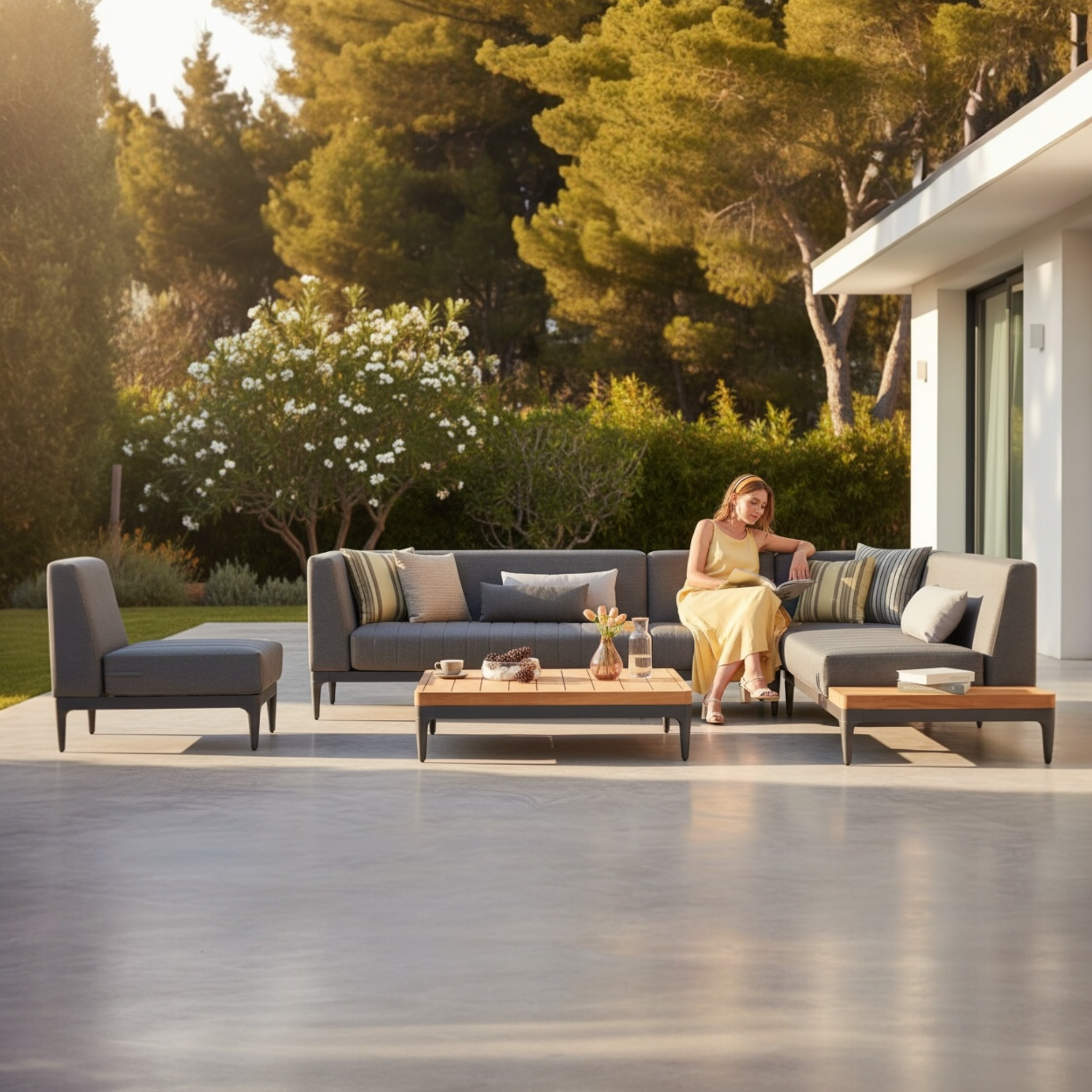 Canapé d’angle SIRA en aluminium gris avec accoudoirs en teck et coussins gris