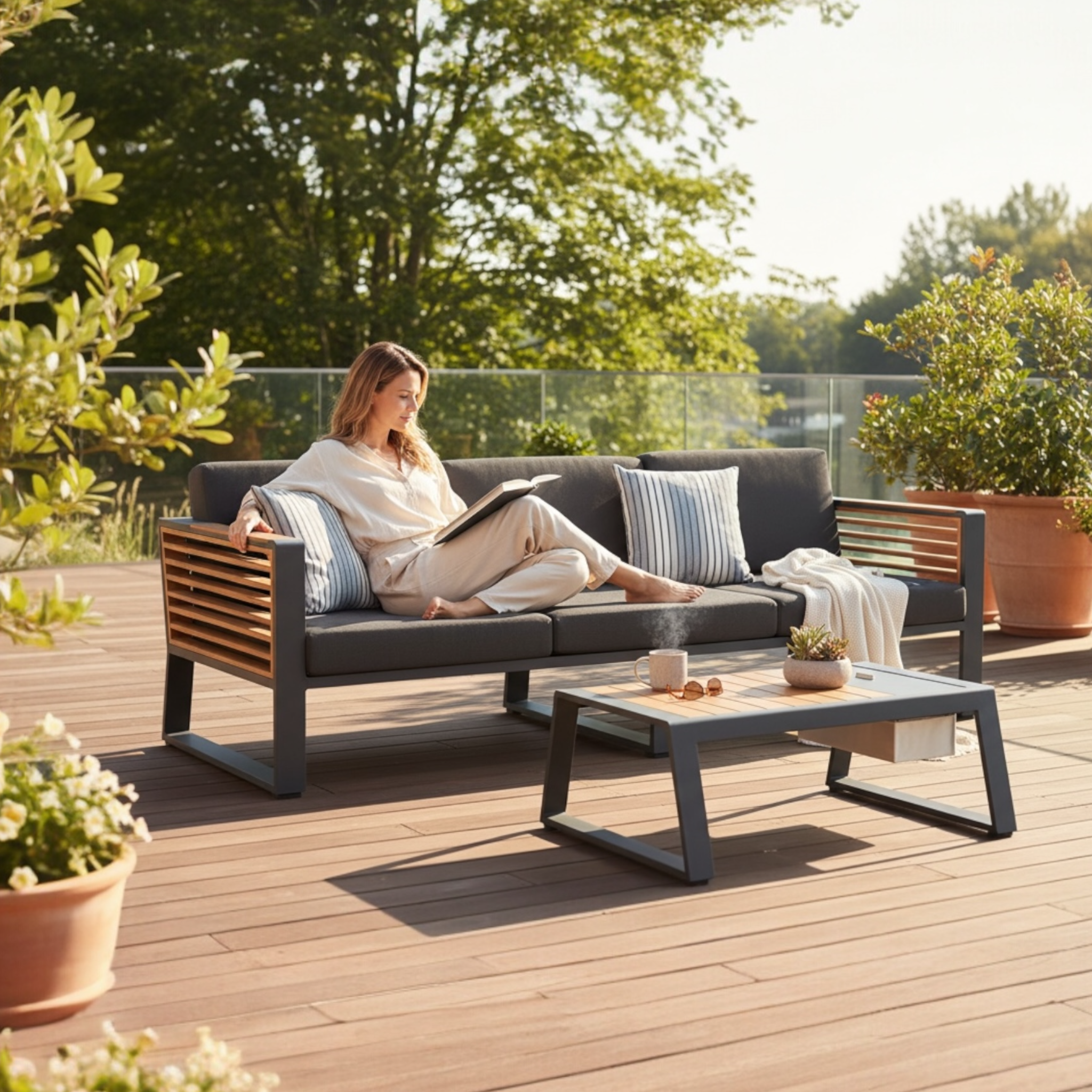 Grand canapé de jardin 3 places en aluminium et en teck design