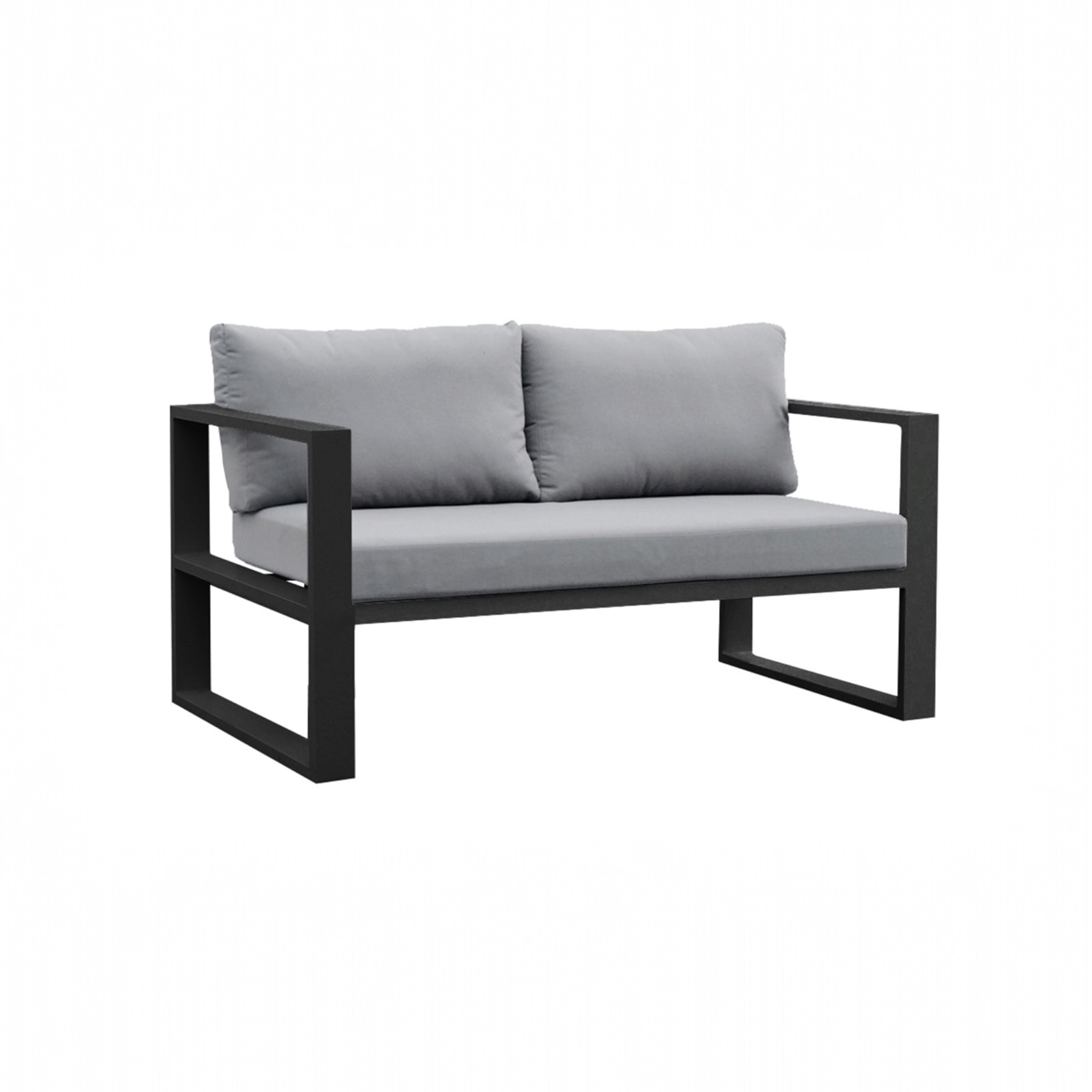 Canapé de jardin 2 places BELLY en aluminium noir avec coussins gris