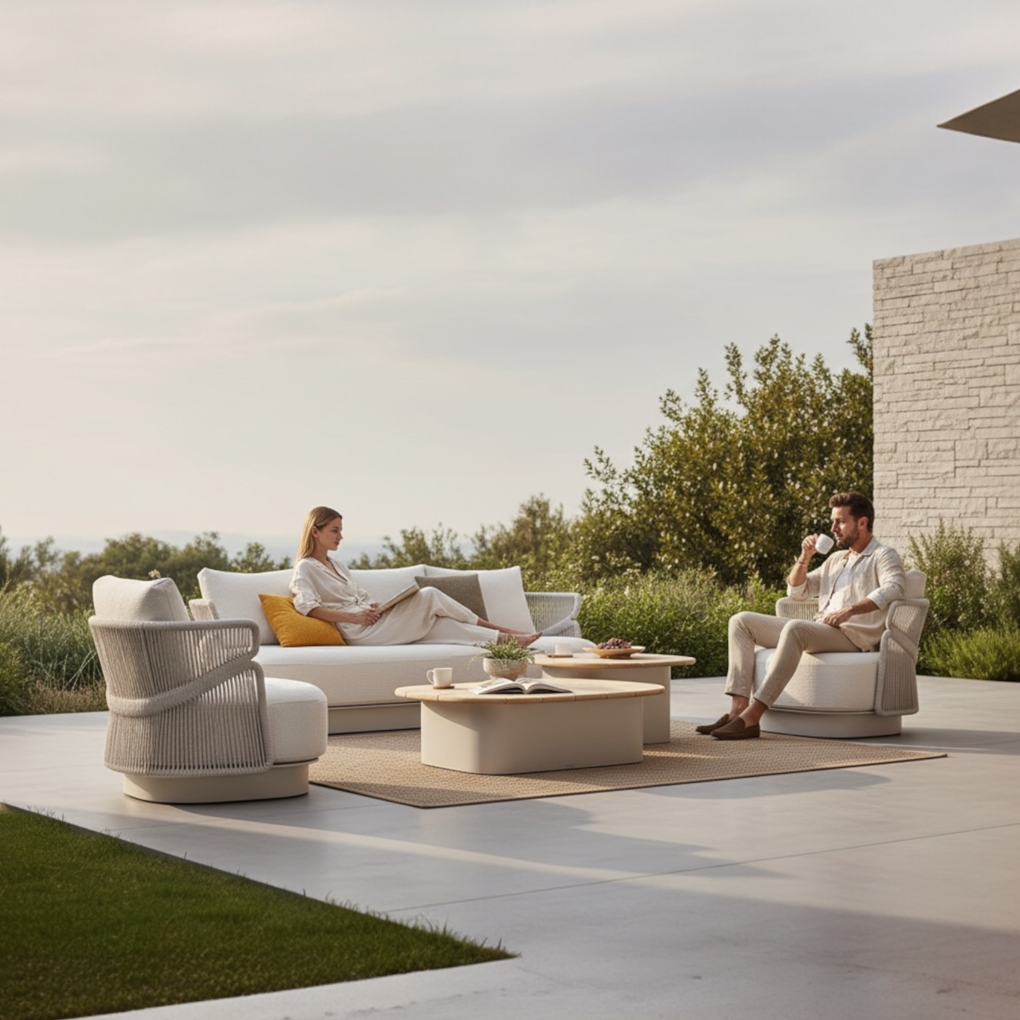 Canapé et fauteuils de jardin luxe en aluminium et corde tressée beige.