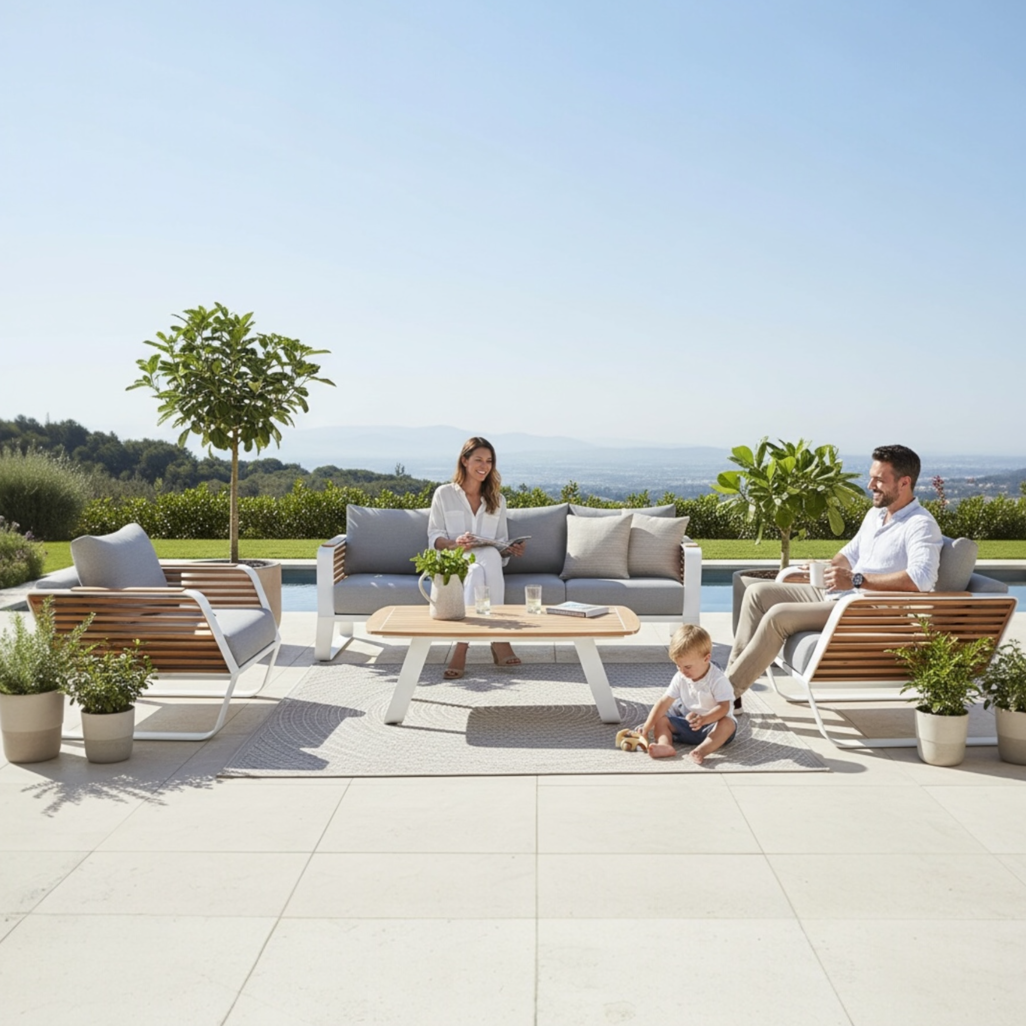 Ensemble AILY BIS en aluminium blanc et teck naturel avec coussins gris.