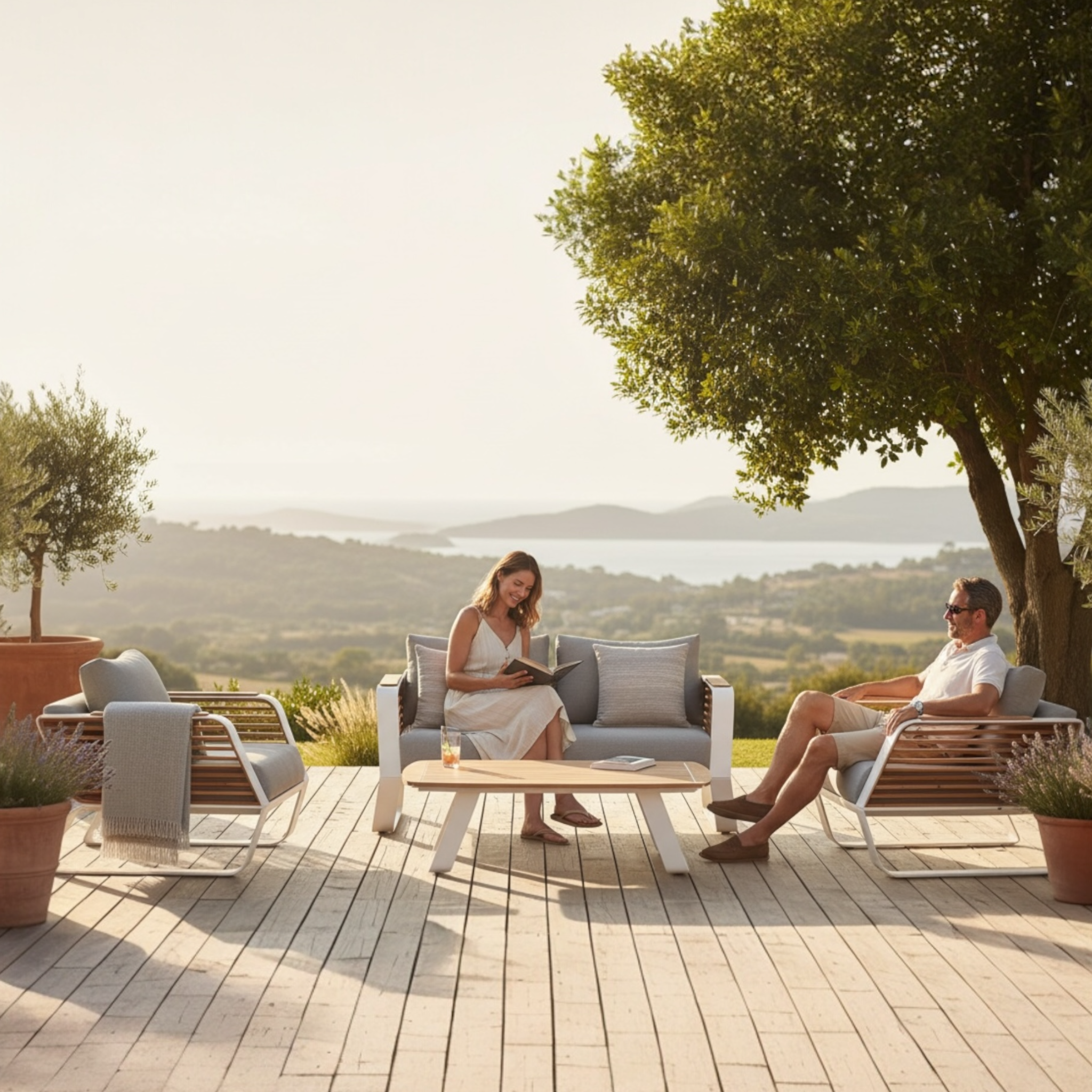 Ensemble AILY MINI en aluminium blanc et teck, vue d’ensemble avec coussins gris.