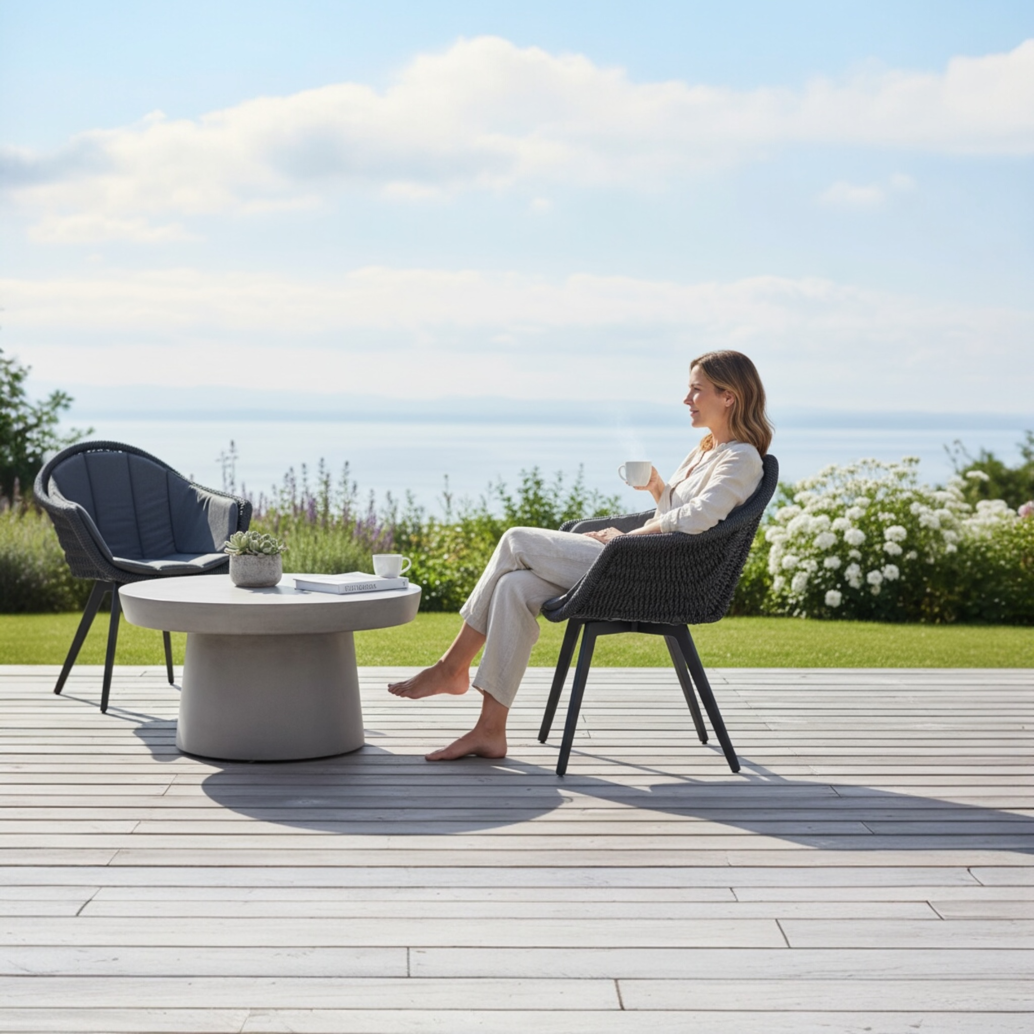 Fauteuil repas de jardin en alu et corde design haut de gamme Milo noir