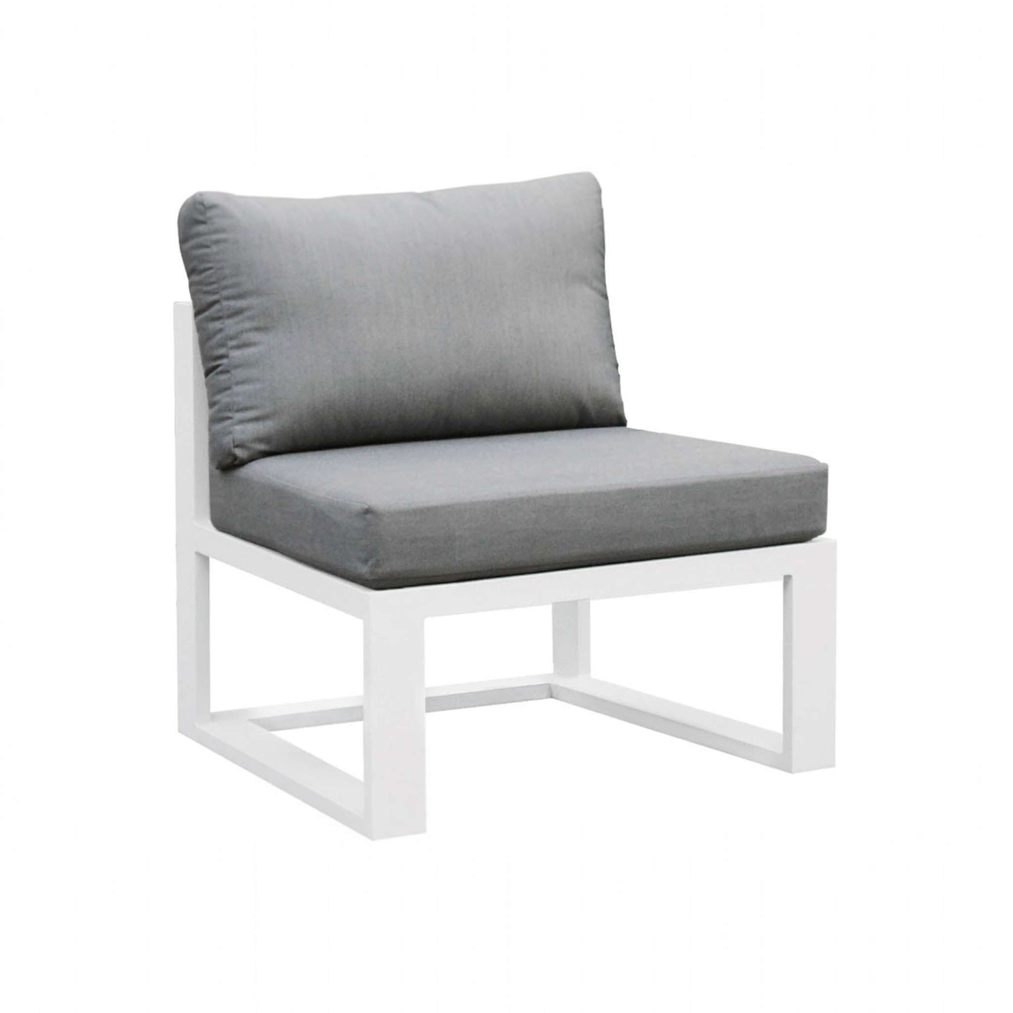 Chauffeuse BELLY en aluminium blanc avec coussins gris.