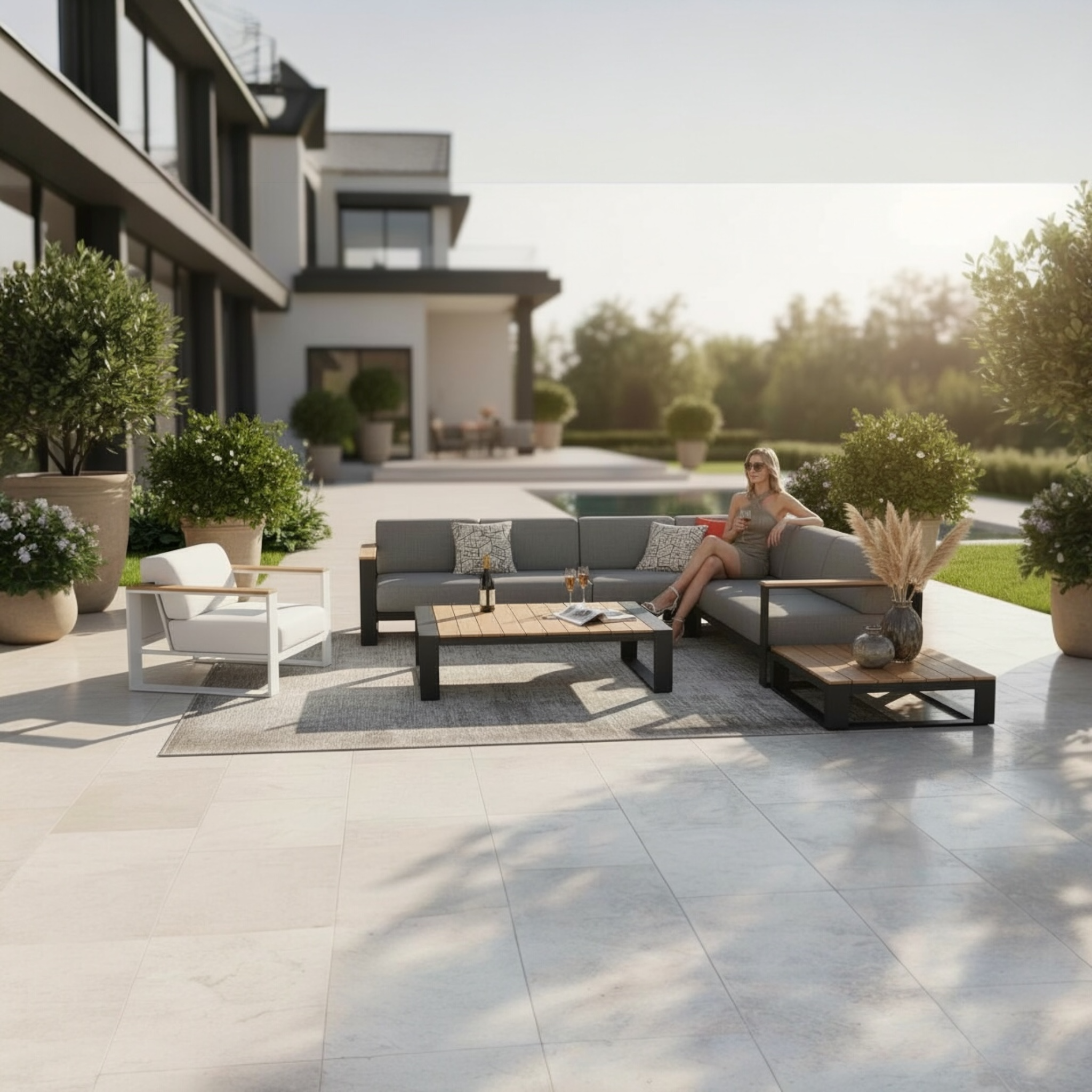 Grand salon de jardin d'angle en aluminium et en teck haut de gamme - SOFY