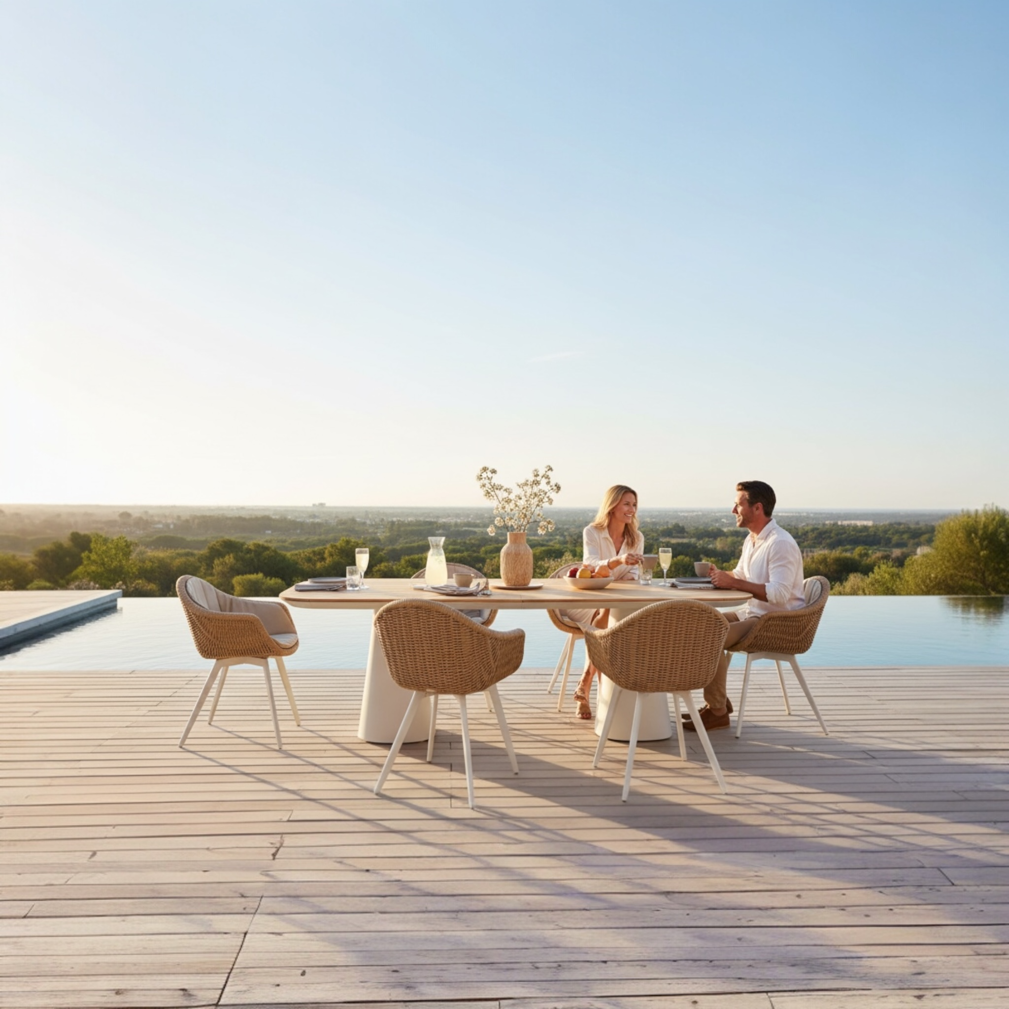 Table repas de jardin haut de gamme en aluminium - avec plateau en teck - MILO