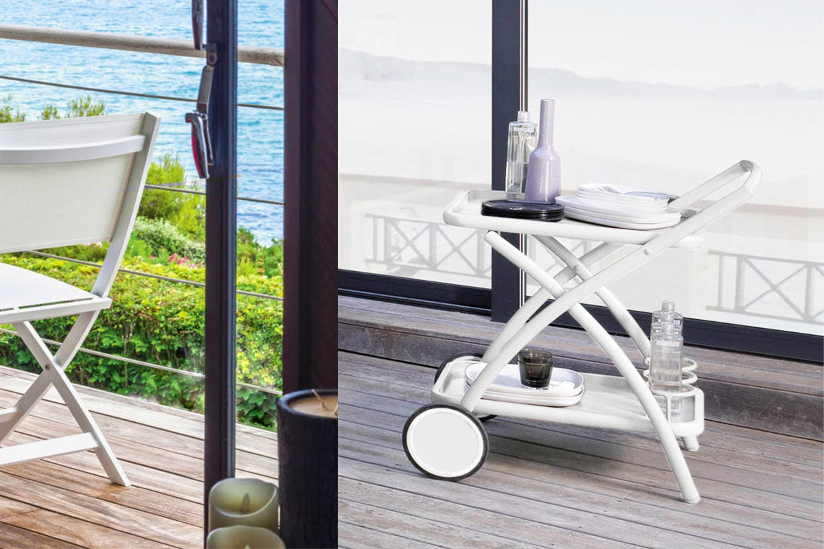 Desserte modulable en aluminium blanc haut de gamme avec roulettes, design élégant méditerranéen, parfaite pour jardin.