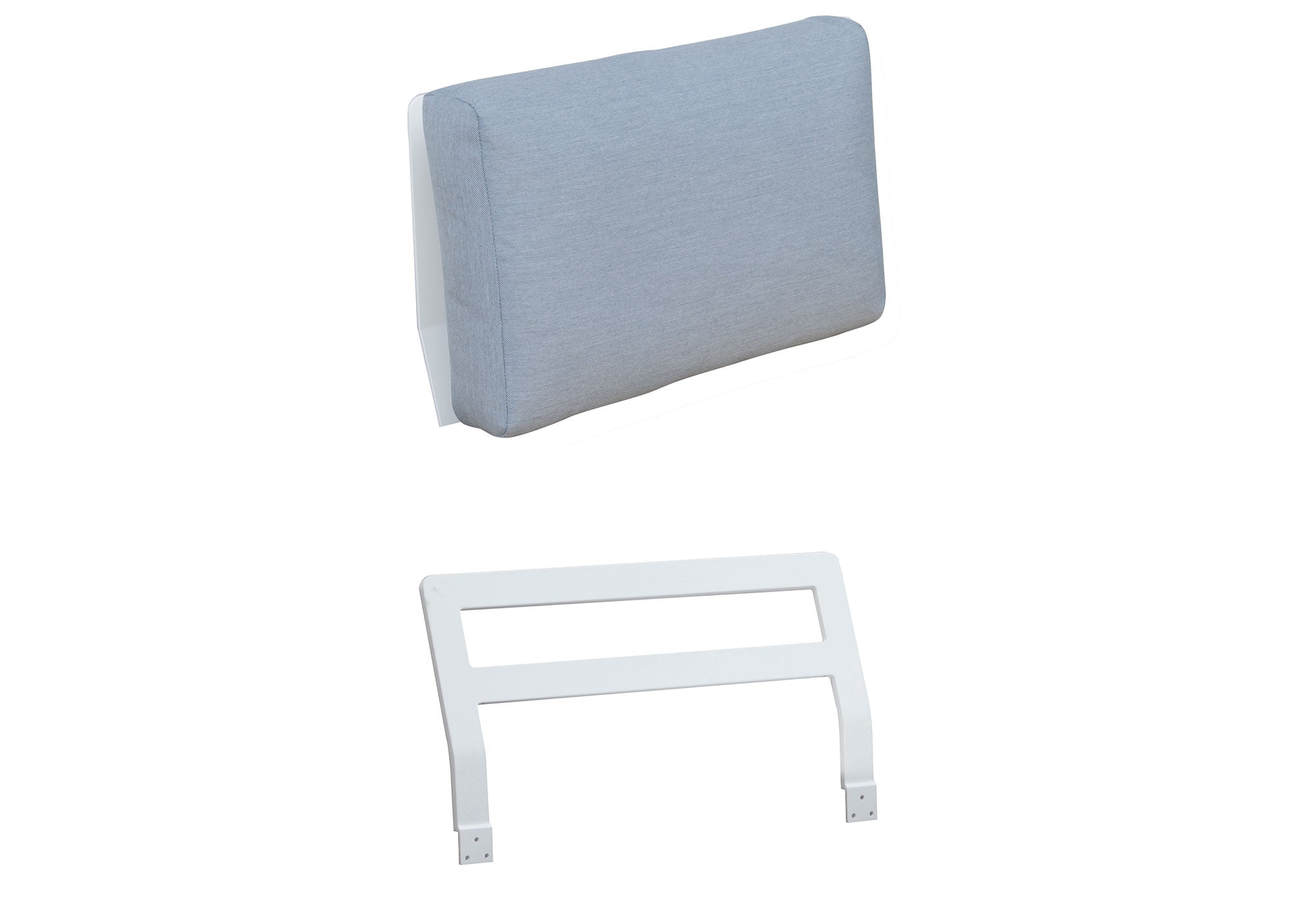 Dossier gris clair en tissu 100% Oléfine, déperlant et déhoussable, avec support en structure aluminium inoxydable blanche.