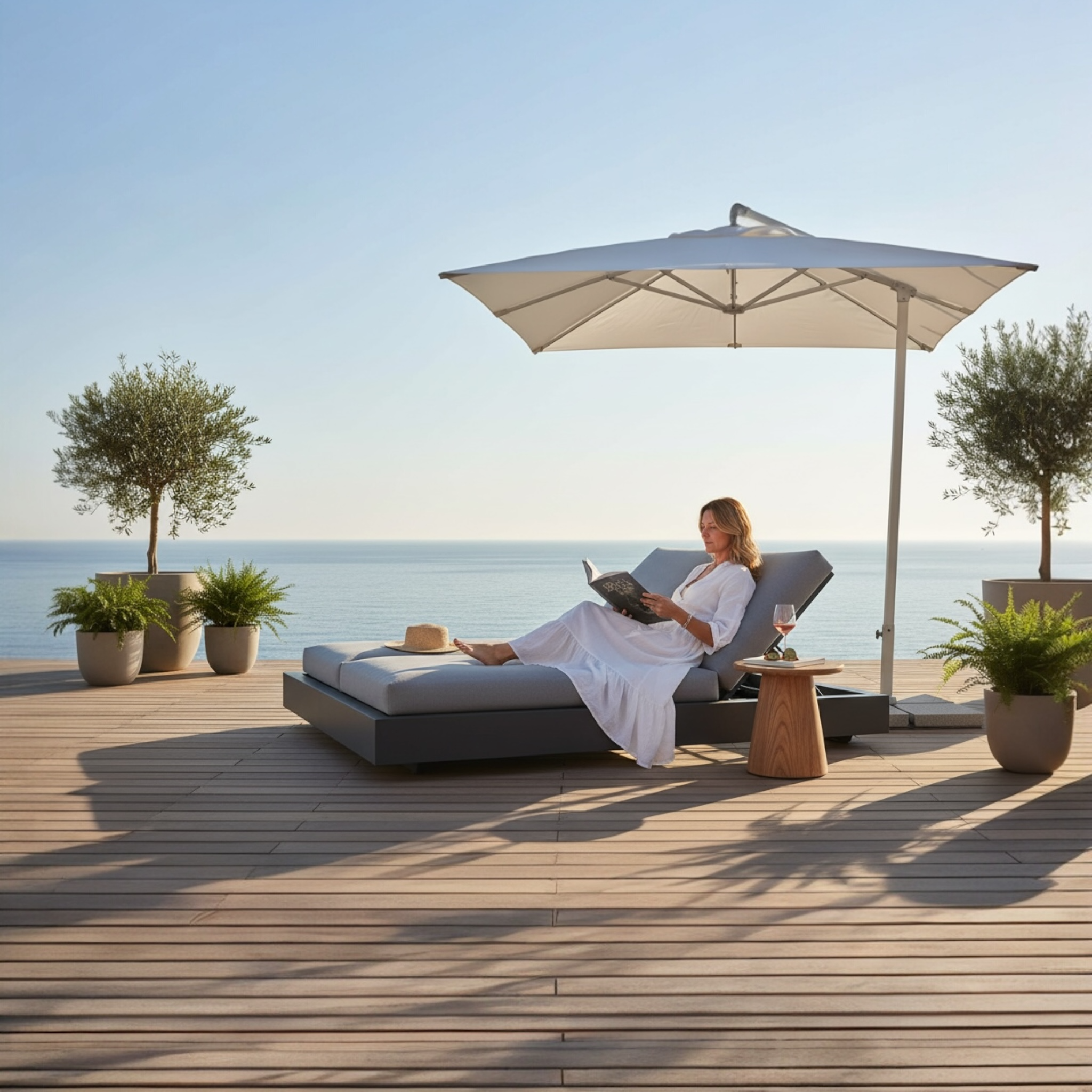 Lit de piscine double luxe en aluminium haut de gamme noir avec tissu 100% oléfine déperlant et déhoussable, structure.