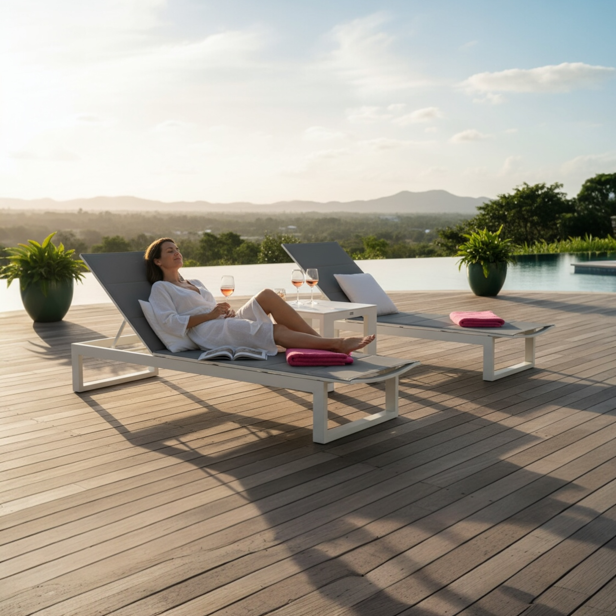 Duo de bains de soleil en aluminium + table basse - COMO Gris anthracite