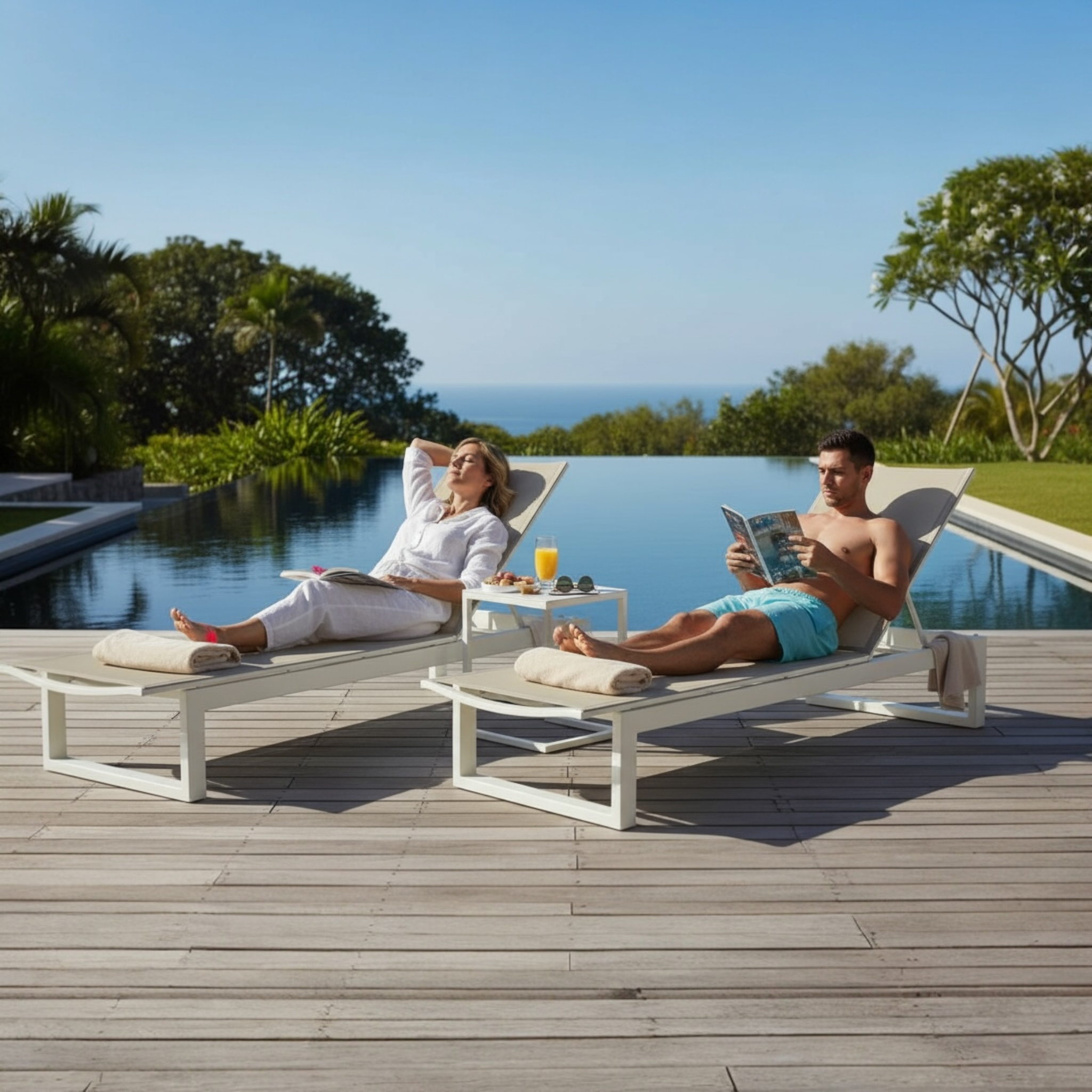 Duo de bains de soleil en aluminium haut de gamme taupe avec dossier réglable, tissu 100% oléfine déperlant et déhoussable.