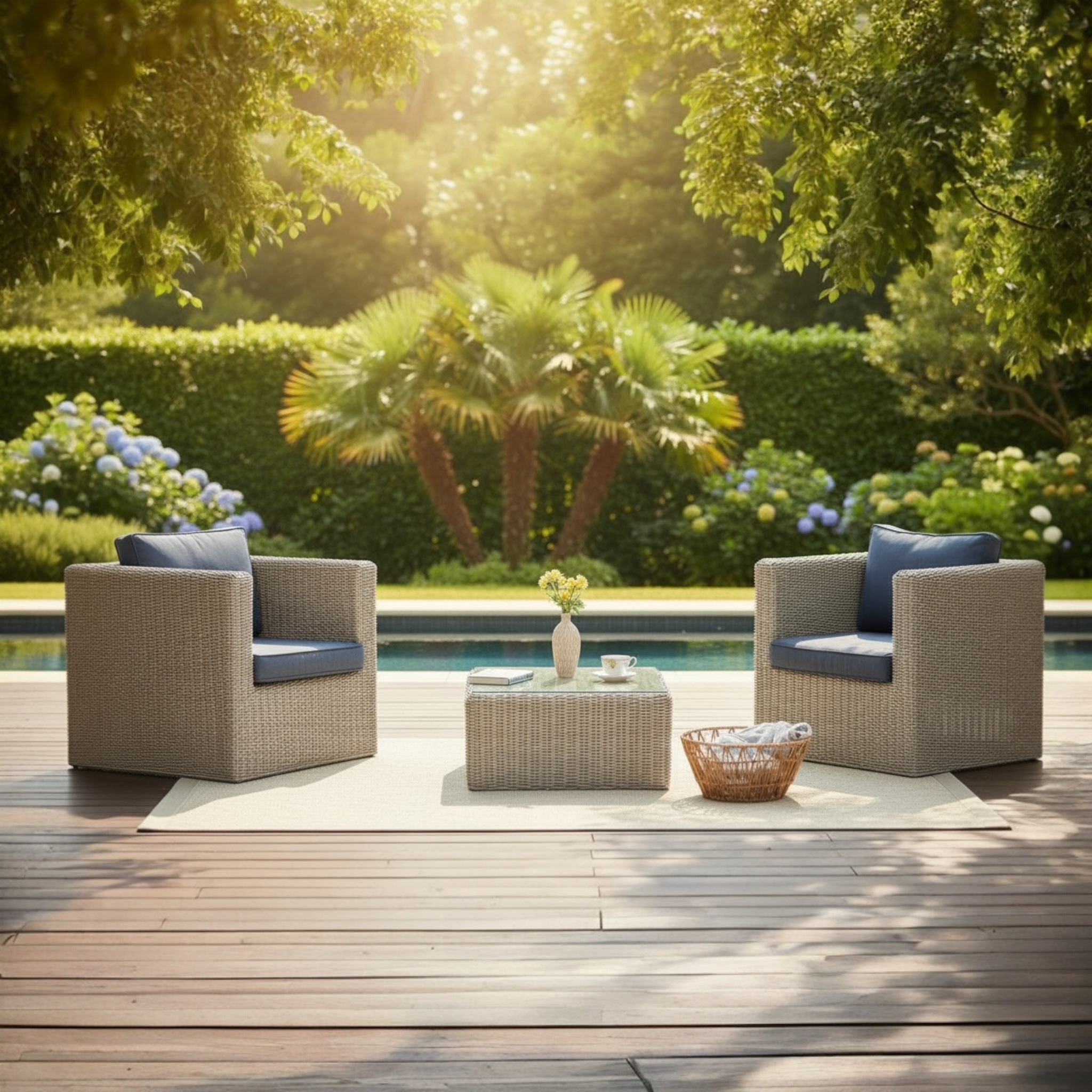 Salon de jardin rustique en résine tressée ronde beige, deux fauteuils et une table basse carrée, coussins déhoussables et déperlants