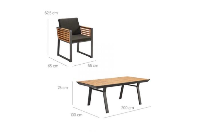 Ensemble repas luxe COFY en aluminium et teck FSC, table rectangulaire 6 places, chaises avec coussins déhoussables en tissu .