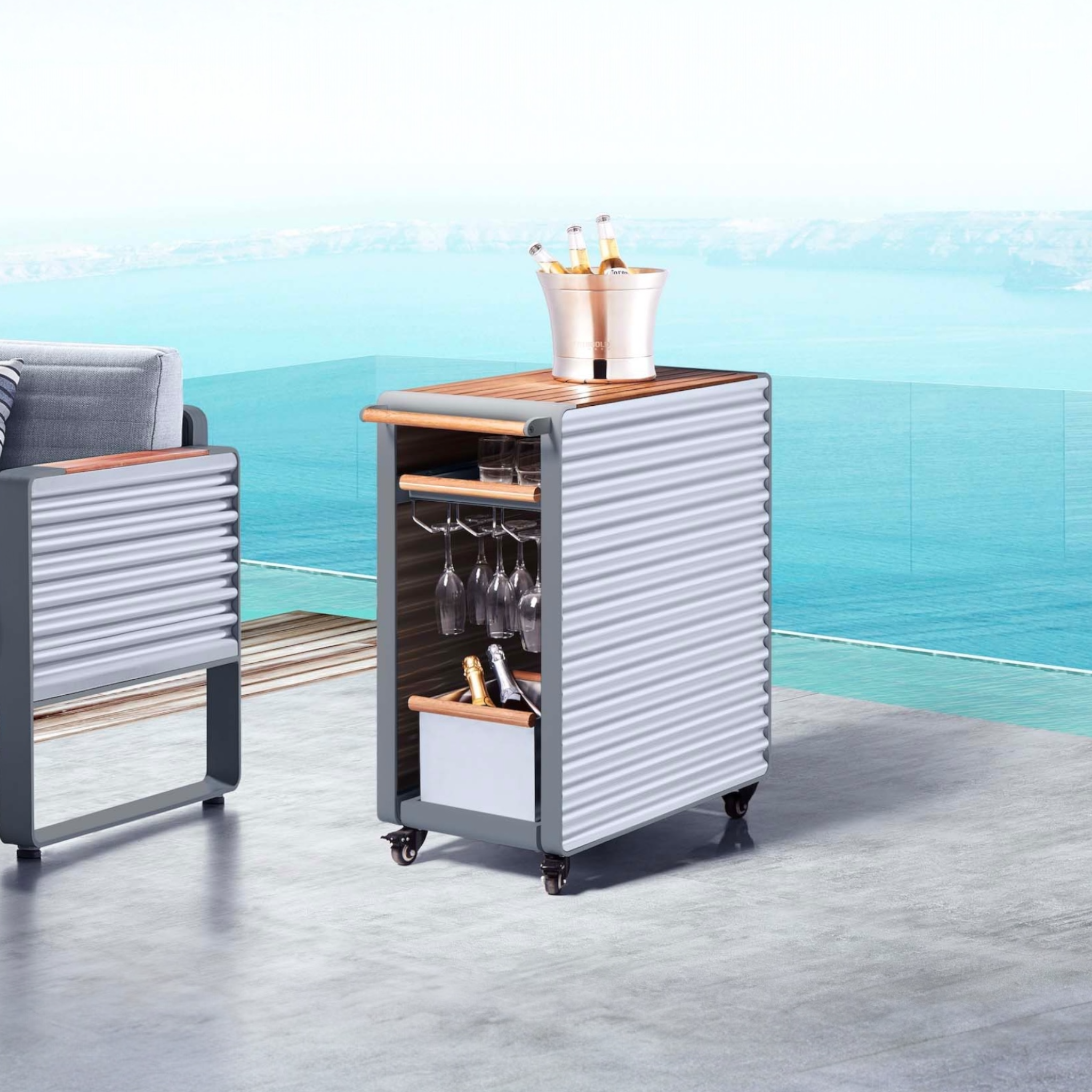 Desserte extérieure en aluminium anthracite avec plateau en teck et étagère inférieure