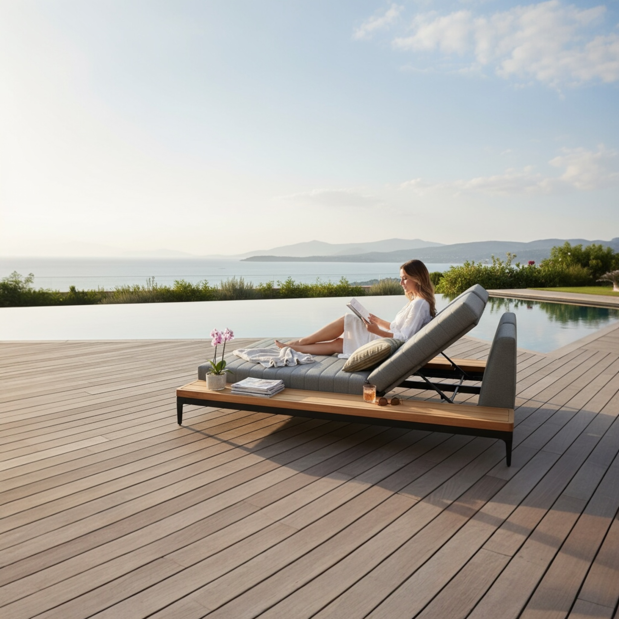 Bain de soleil double SIRA en aluminium gris avec structure en teck