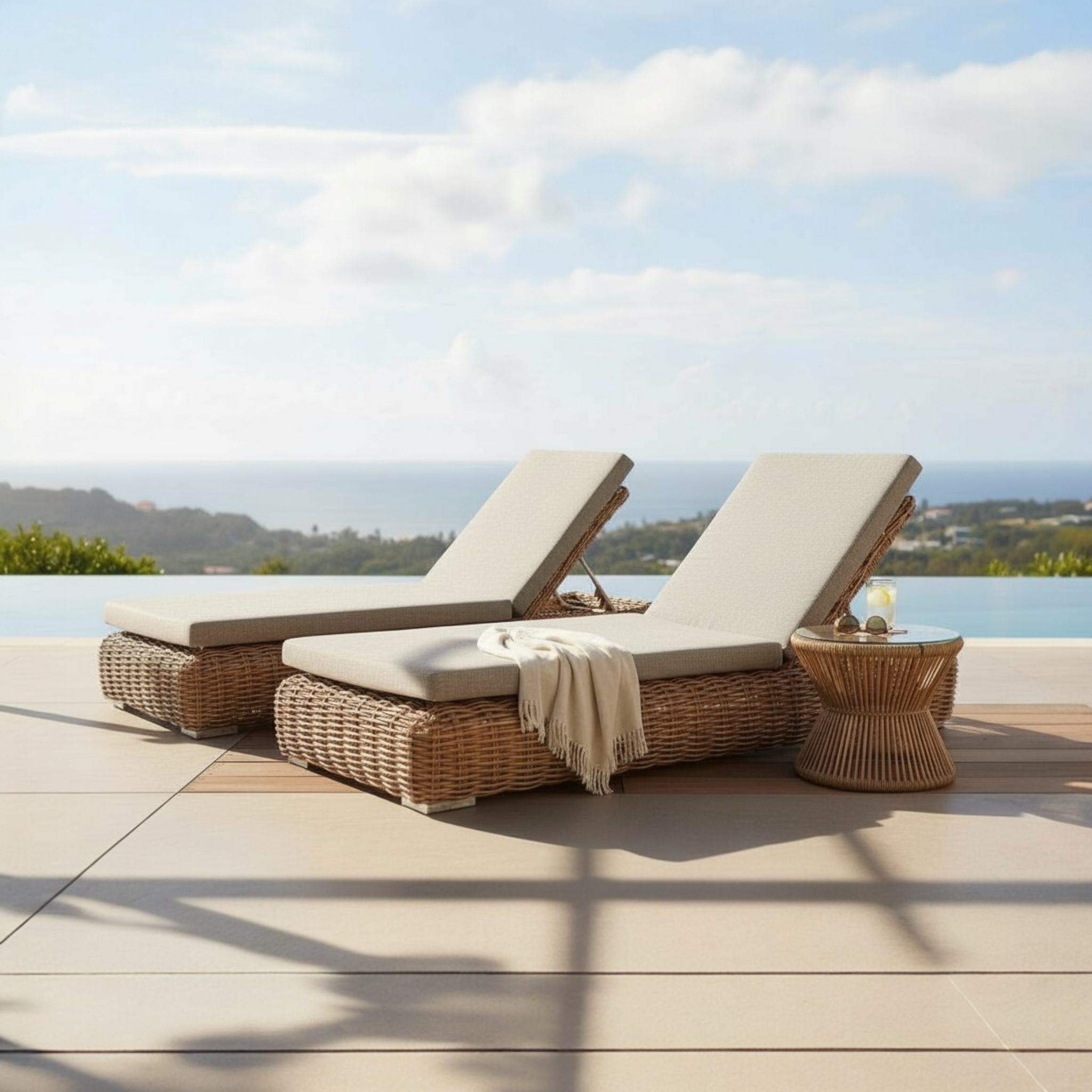 Deux bains de soleil en résine tressée ronde osier Bali.