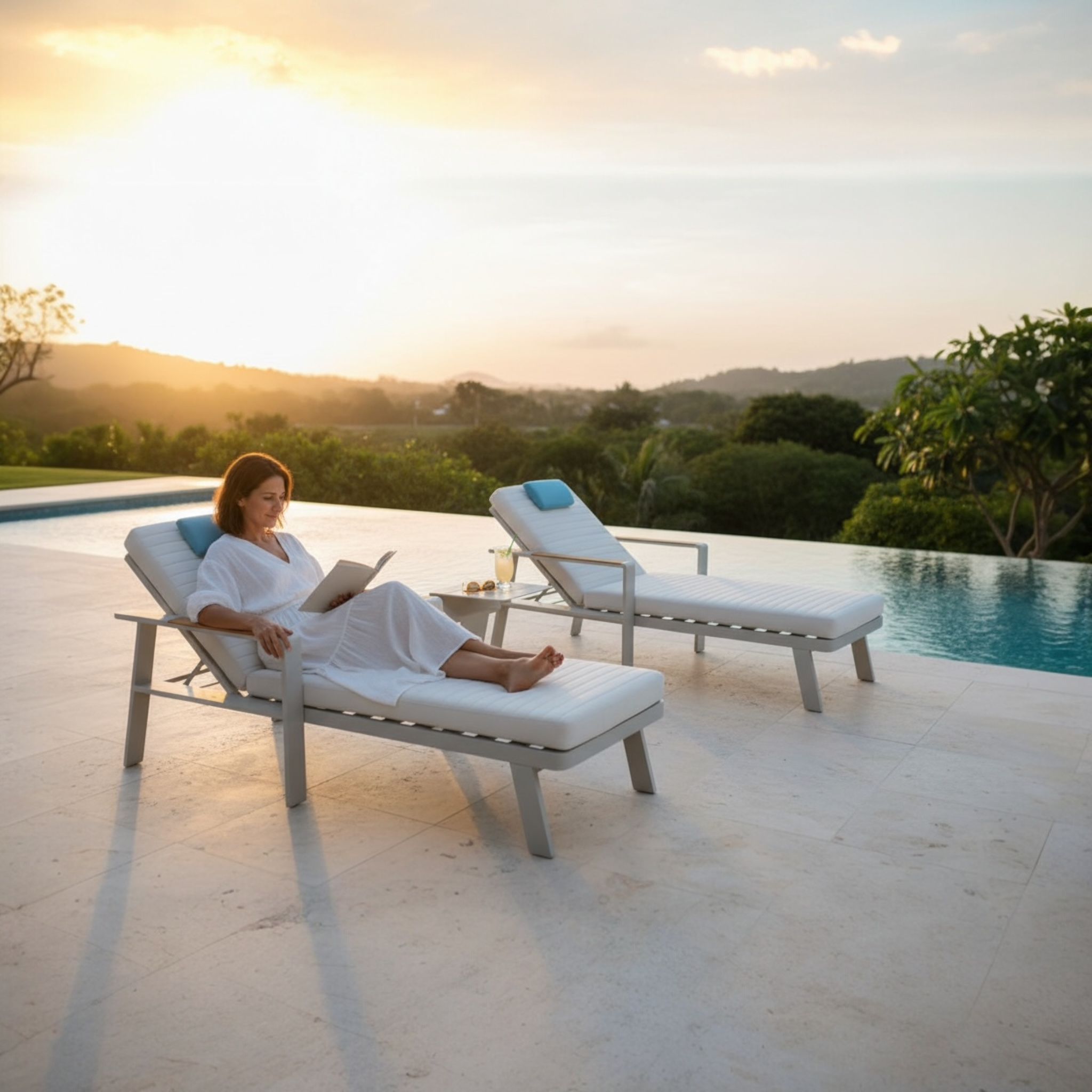 Duo de bains de soleil en aluminium haut de gamme avec housse déperlante et déhoussable en tissu oléfine beige, structure.