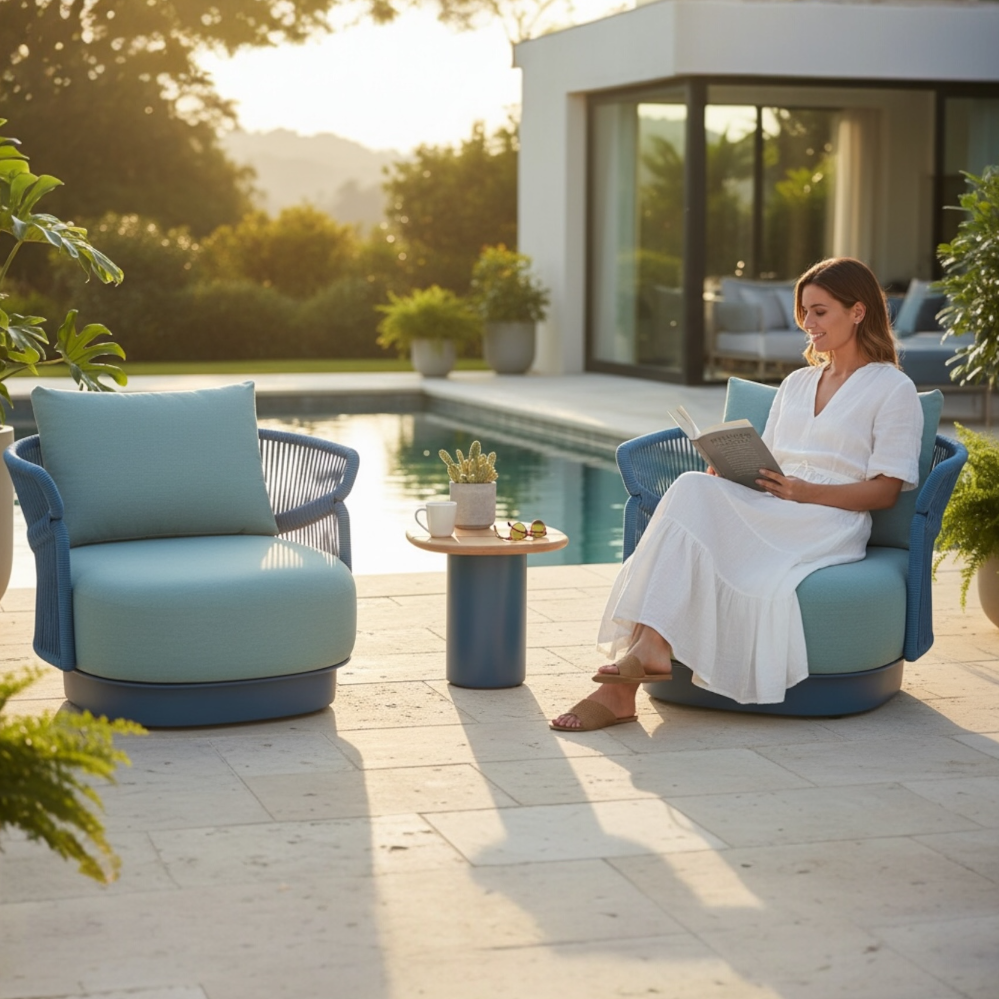 Fauteuils de jardin en duo avec table basse en aluminium et corde tressée bleu