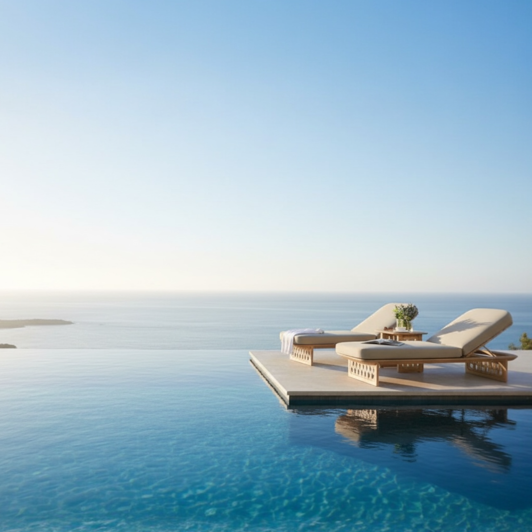 Deux transats PALMA en teck et corde tressée, coussins beige clair, vue inclinée