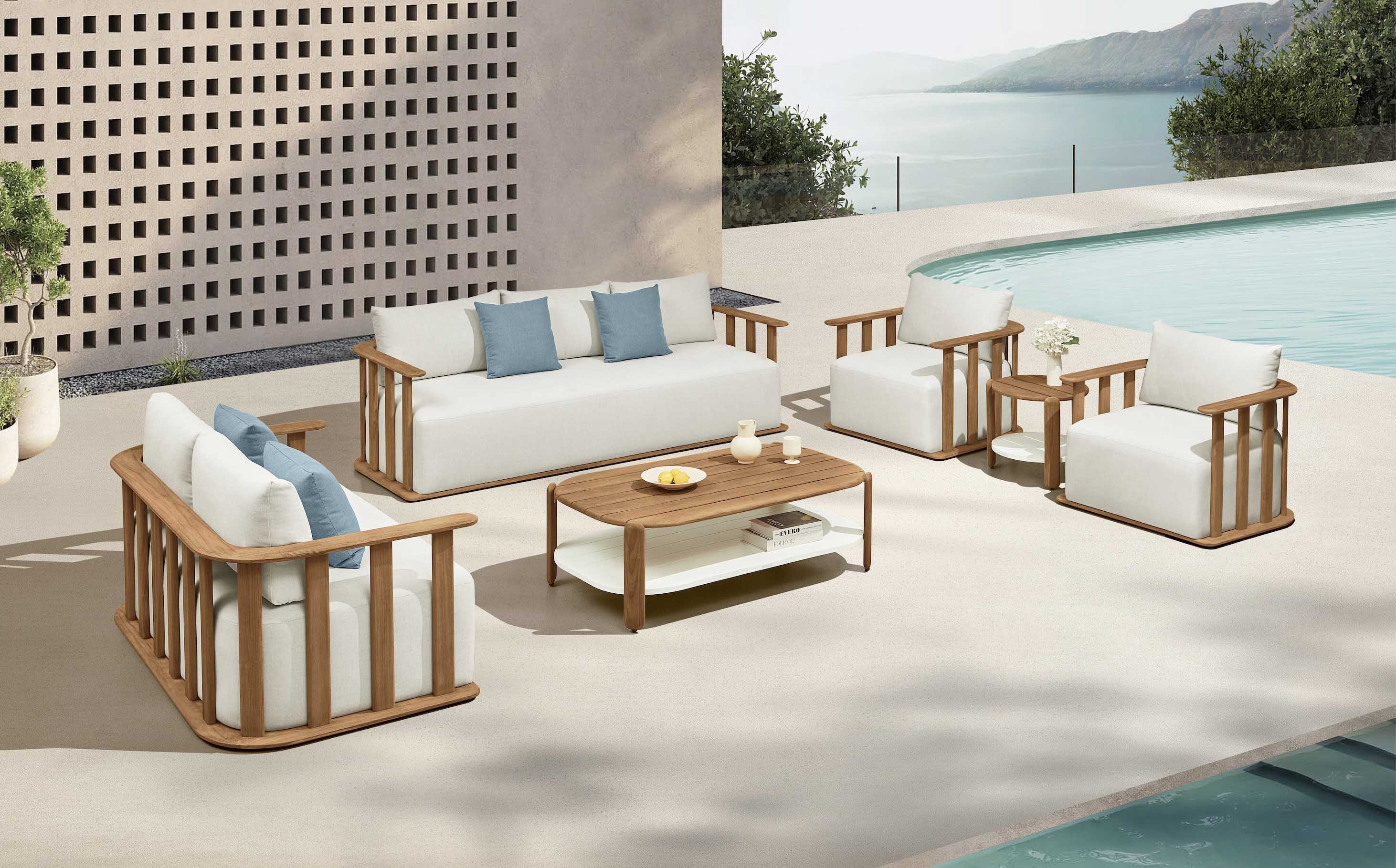 Salon de jardin 7 places en teck massif FSC au design italien, coussins en tissu acrylique déperlant luxe avec housses.