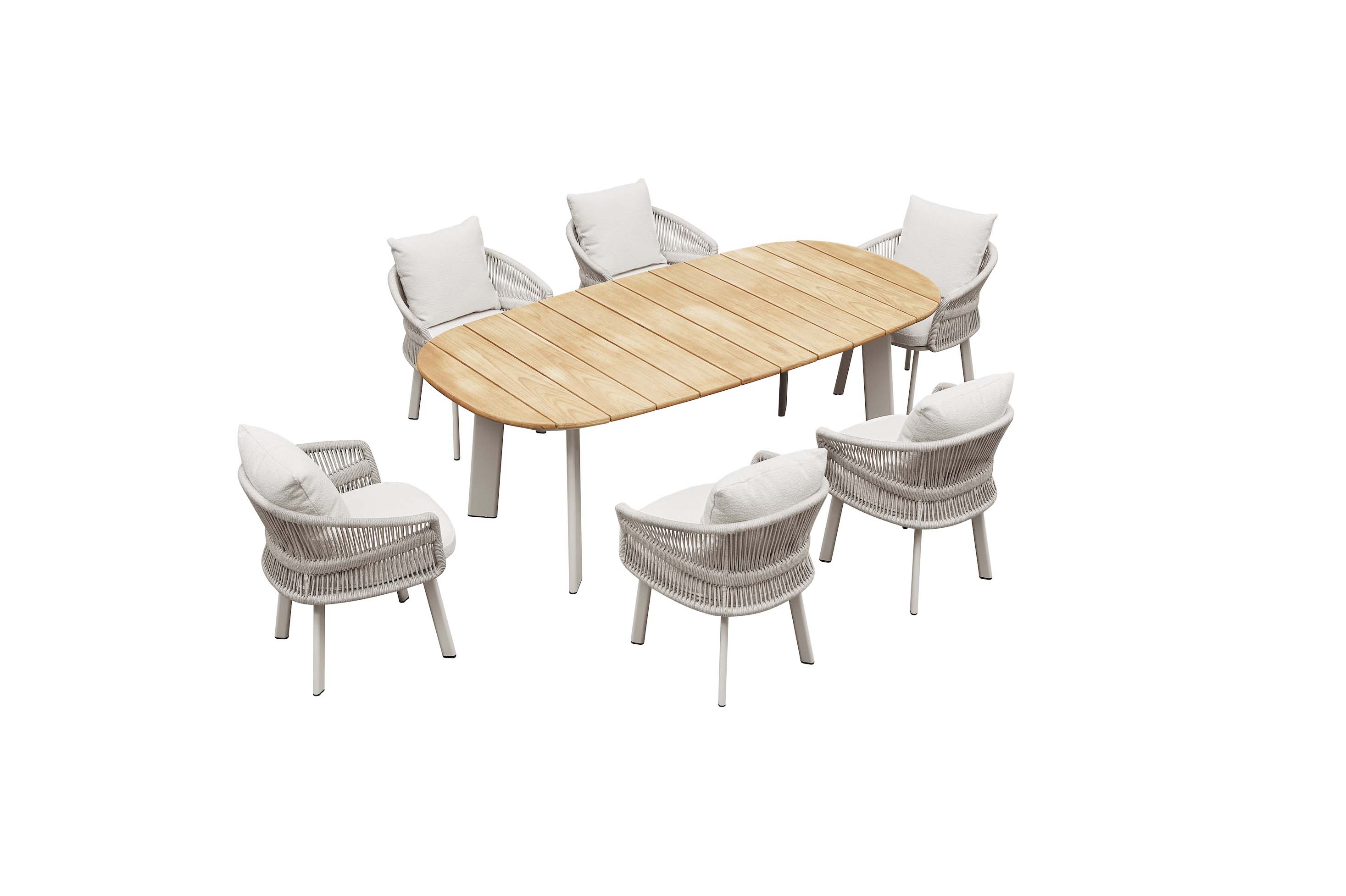 Ensemble repas 6 places luxueux en aluminium avec plateau en teck FSC ovale, chaises en corde tressée beige et coussins.